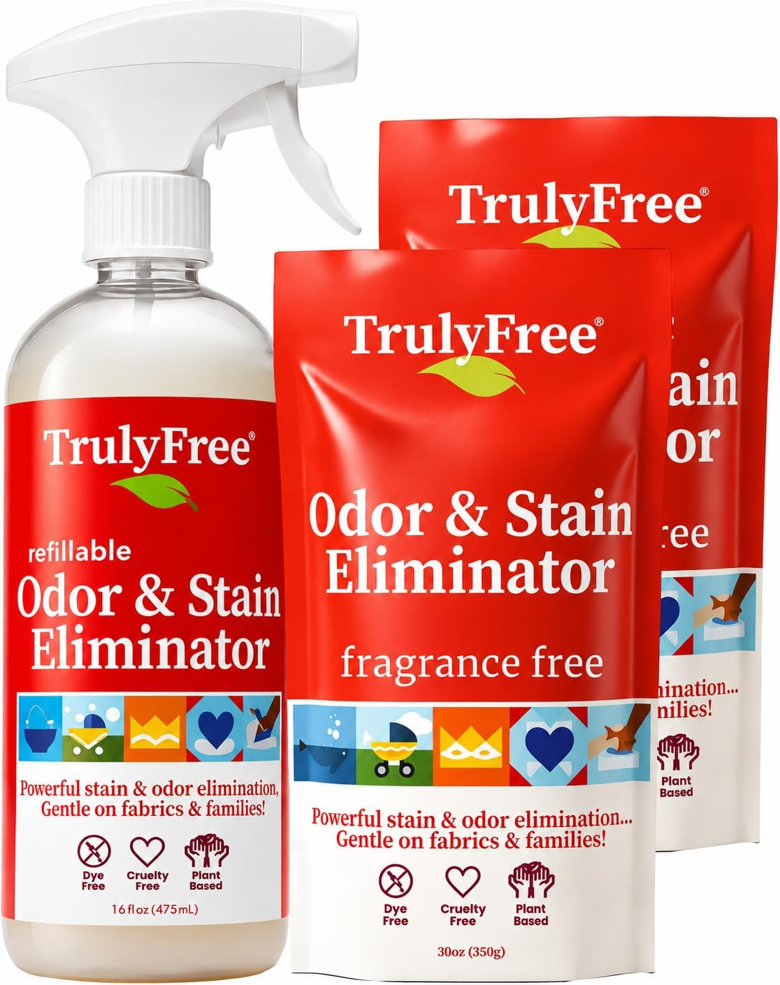 Truly Free fragrance-free Odor & Stain Eliminator spray bottle and two refill pouches