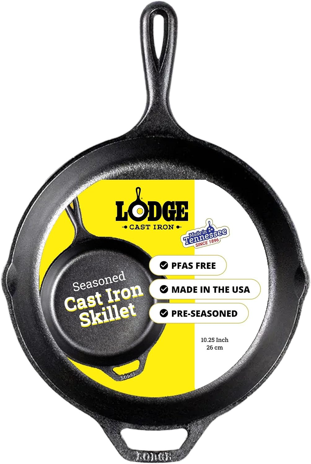 Lodge Pre-Seasoned Cast Iron Skillet 10.25 inch — PFAS-free, made in USA, naturally non-stick cast iron frying pan on white background