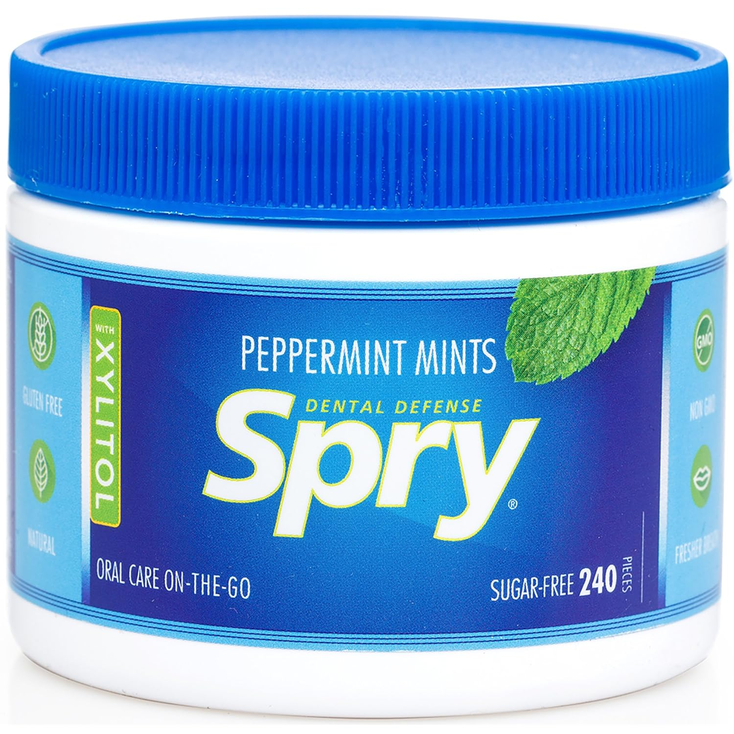 Spry Xylitol Peppermint Breath Mints 240 count jar with blue lid on white background