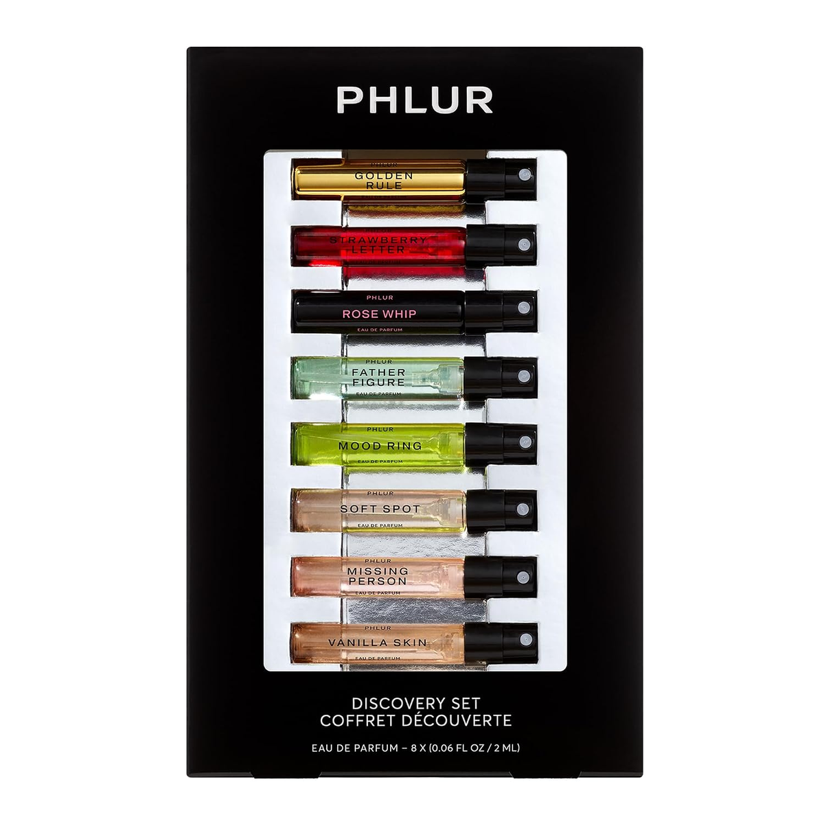 Phlur Fragrance Discovery Set 2025 — 8 clean Eau de Parfum vials including Missing Person, Father Figure, Vanilla Skin and more, black editorial packaging, 2mL each