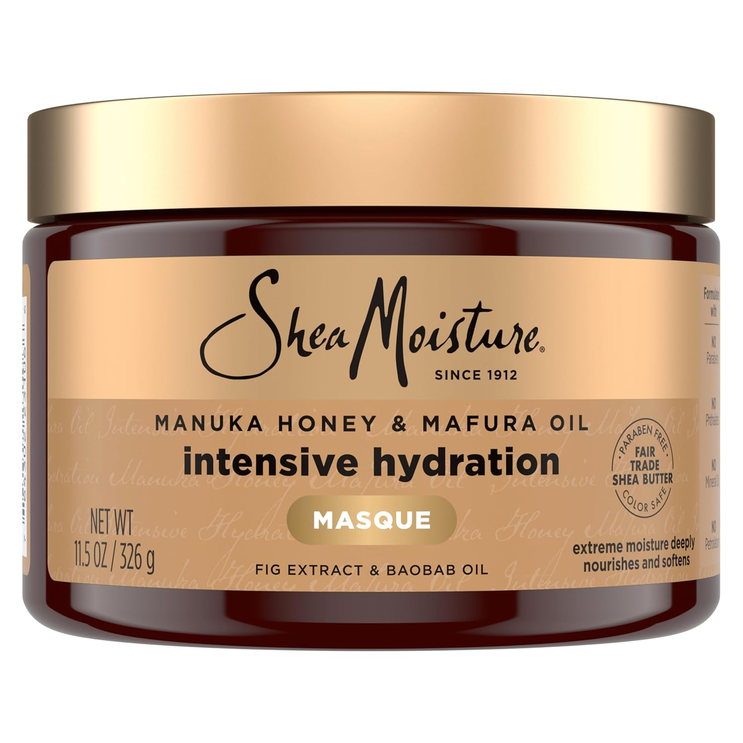 SheaMoisture Intensive Hydration Hair Masque Manuka Honey & Mafura Oil in a dark amber jar with gold lid — paraben-free, color-safe deep conditioner for dry damaged hair, 11.5 oz