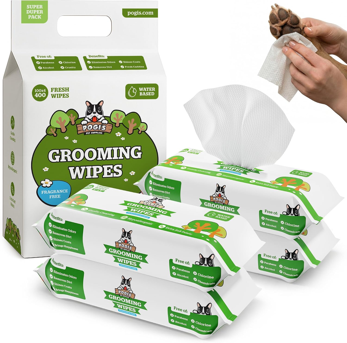 Pogi’s fragrance-free grooming wipes, four 100-count packs with outer carton on a white background
