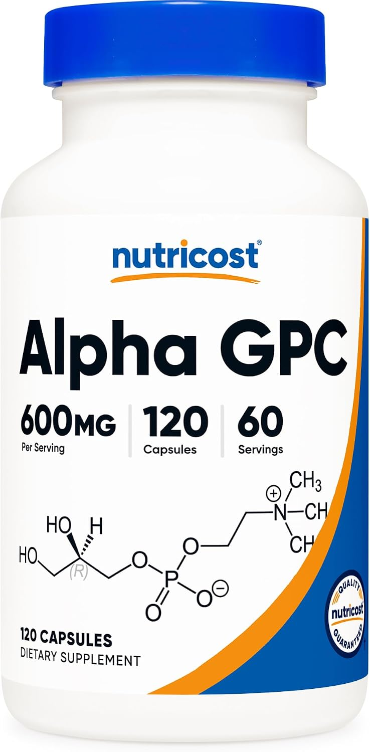 Nutricost Alpha GPC 600mg dietary supplement bottle — 120 vegetarian capsules, third-party tested, non-GMO, gluten-free, soy-free for memory focus and cognitive support