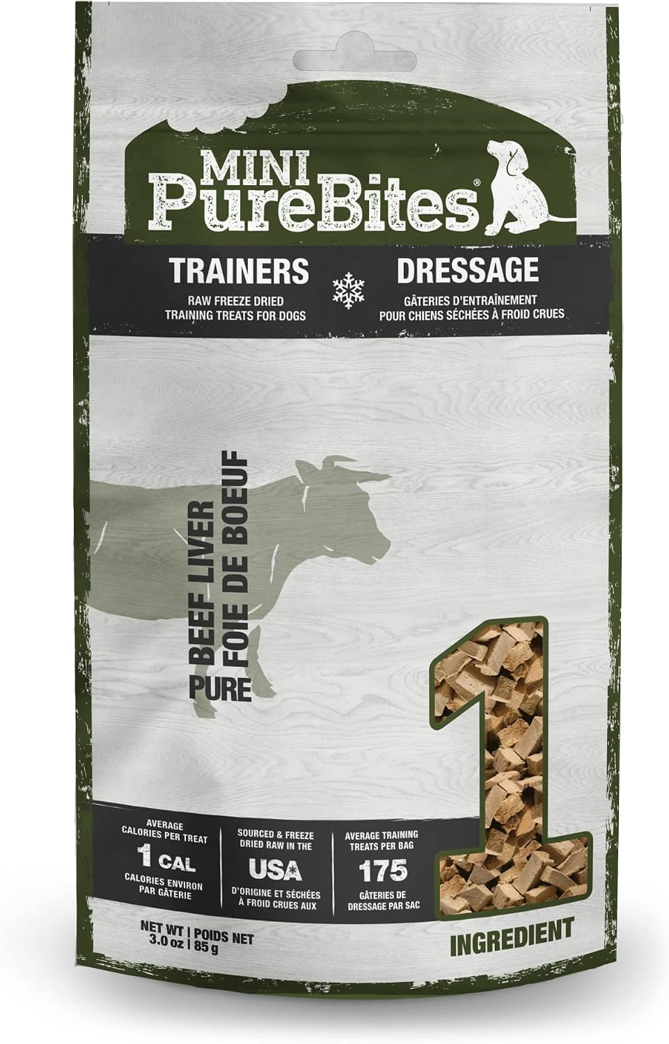 PureBites Mini Trainers freeze-dried beef liver dog treats, 3 oz bag, showing one ingredient, 1 calorie per average treat and approximately 175 treats.