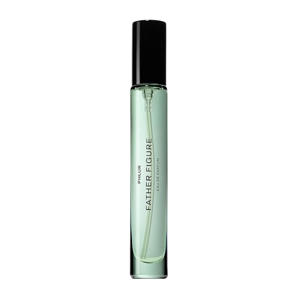 Phlur Father Figure Rollerball EDP — sage green glass bottle with black cap, clean unisex fig waterlily vanilla sandalwood fragrance, 9.5 mL