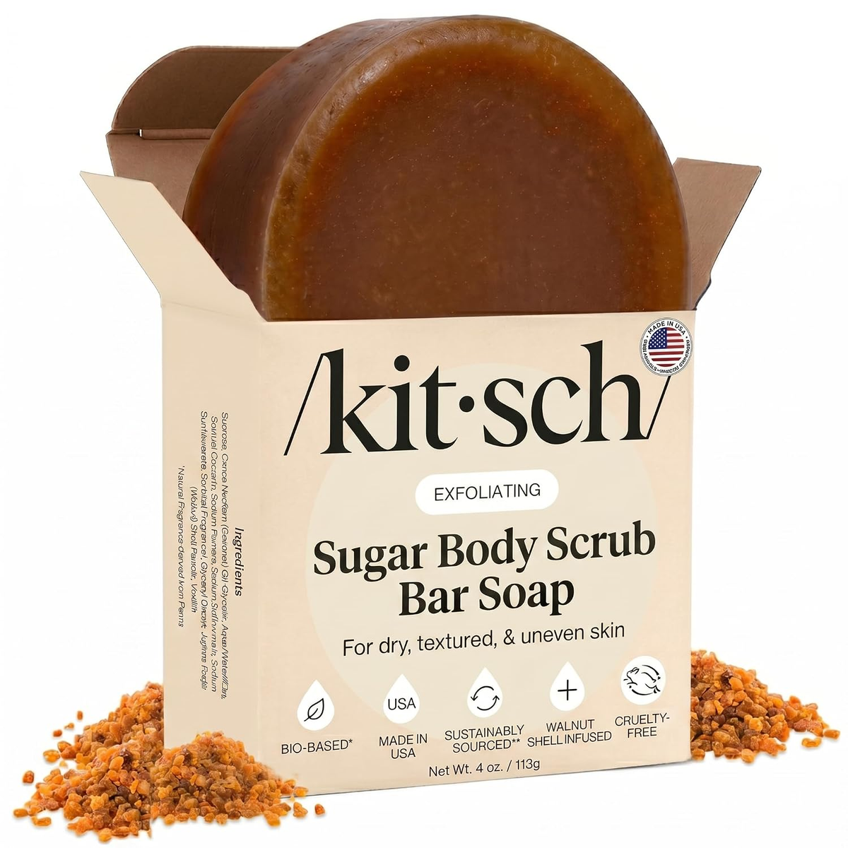 Kitsch Exfoliating Sugar Body Scrub Bar Soap with walnut shell, shown with box packaging and scrub granules on white background