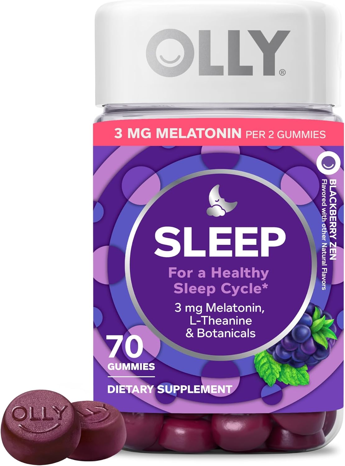 OLLY Sleep Gummies for Adults, Blackberry Zen flavor, 70 count bottle with 3mg melatonin, L-Theanine and botanicals