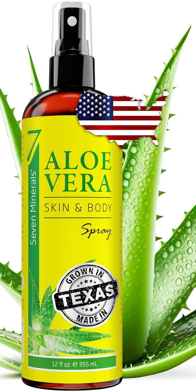 Seven Minerals Aloe Vera Skin & Body Spray 12 fl oz amber bottle with spray top — 99% organic freshly cut aloe vera grown and made in Texas, fast-absorbing no sticky residue