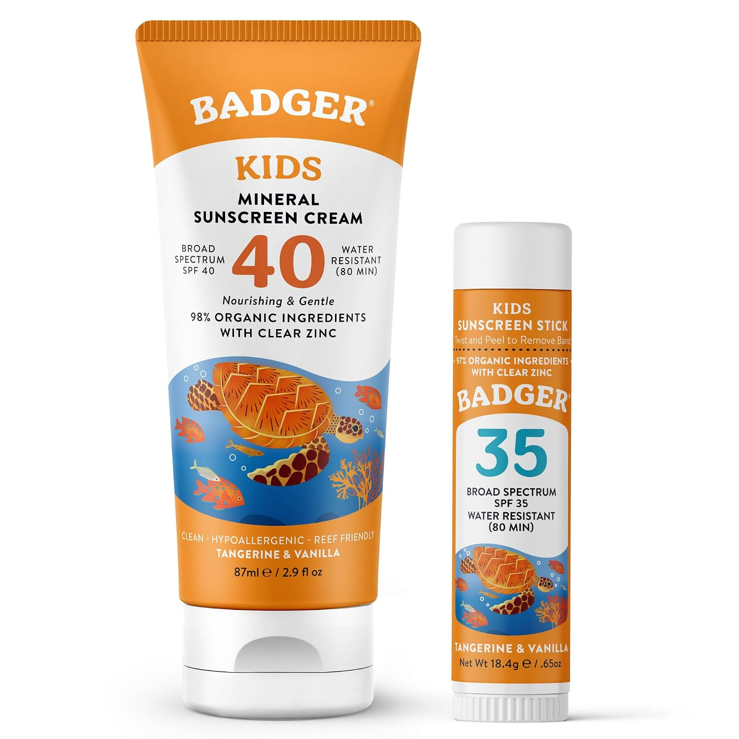 Badger Kids Mineral Sunscreen Combo — SPF 40 cream tube and SPF 35 face stick on white background, 98% organic reef safe sunscreen for kids