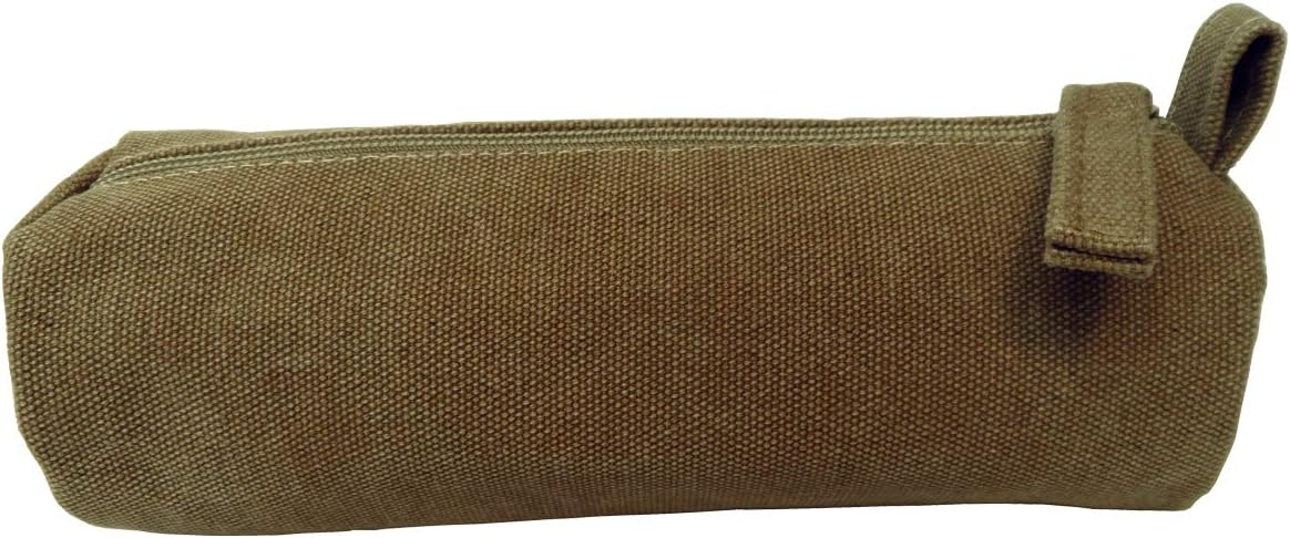 Heavy canvas zipper pencil case in khaki on white background showing durable military-grade canvas texture and large zipper pull