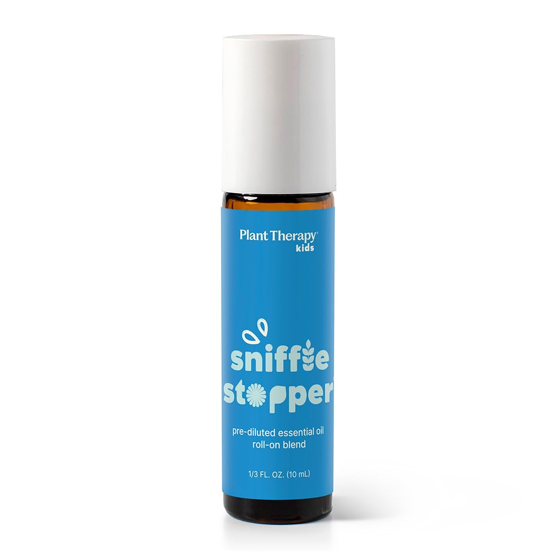 Plant Therapy Kids Sniffle Stopper pre-diluted essential oil roll-on blend, bright blue label with white cap on amber glass bottle, 10 mL, KidSafe respiratory support blend