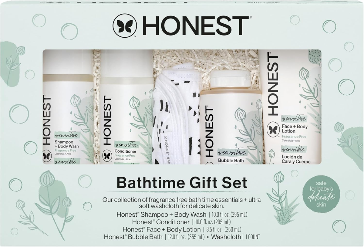 The Honest Company Bathtime Gift Set fragrance-free with Shampoo Body Wash, Conditioner, Bubble Bath, Face Body Lotion and Washcloth in mint green gift box — BodyWell1