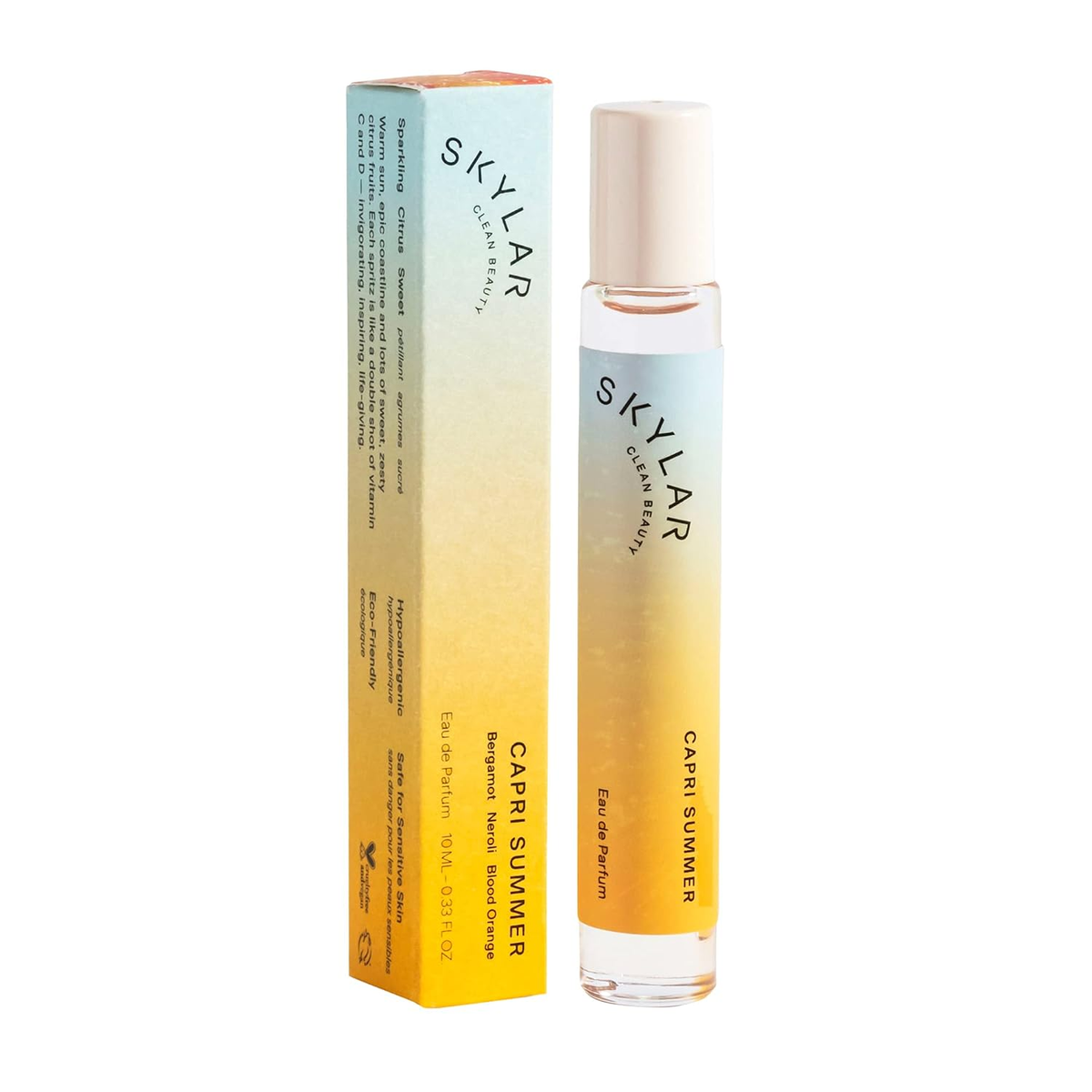 Skylar Capri Summer rollerball perfume 0.33 fl oz with gradient blue-to-yellow packaging, blood orange bergamot neroli clean fragrance