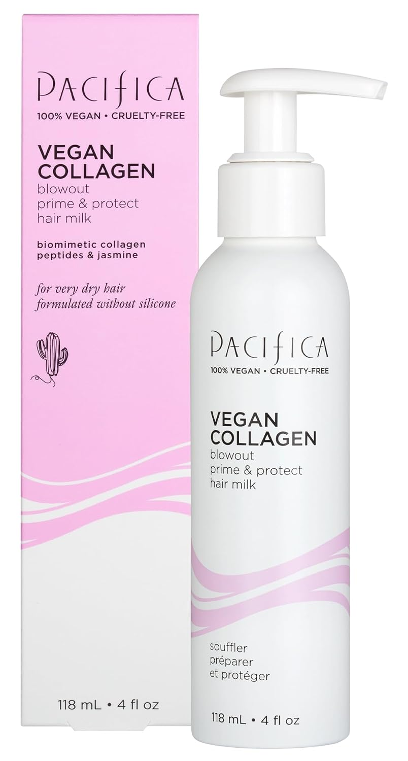 Pacifica Vegan Collagen Blowout Prime & Protect Hair Milk 4oz bottle with pink box packaging — silicone-free, vegan, cruelty-free heat protectant
