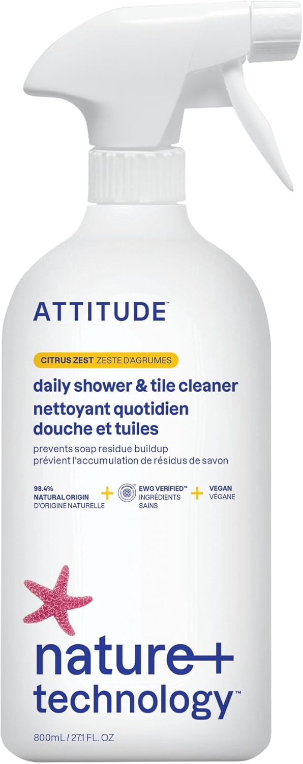 ATTITUDE Daily Shower and Tile Cleaner Spray in Citrus Zest scent, EWG Verified, 27.1 fl oz white bottle on white background