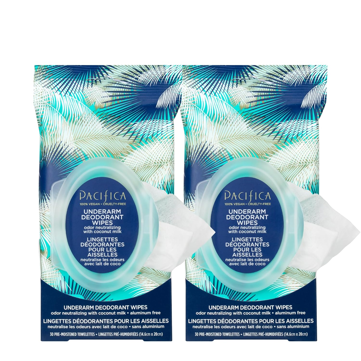 Pacifica Beauty Coconut Milk Underarm Deodorant Wipes 2-Pack in tropical teal and navy palm leaf packaging with circular pop-top dispensers, labeled 100% Vegan and Cruelty-Free, 30 pre-moistened towelettes each, on a white background.