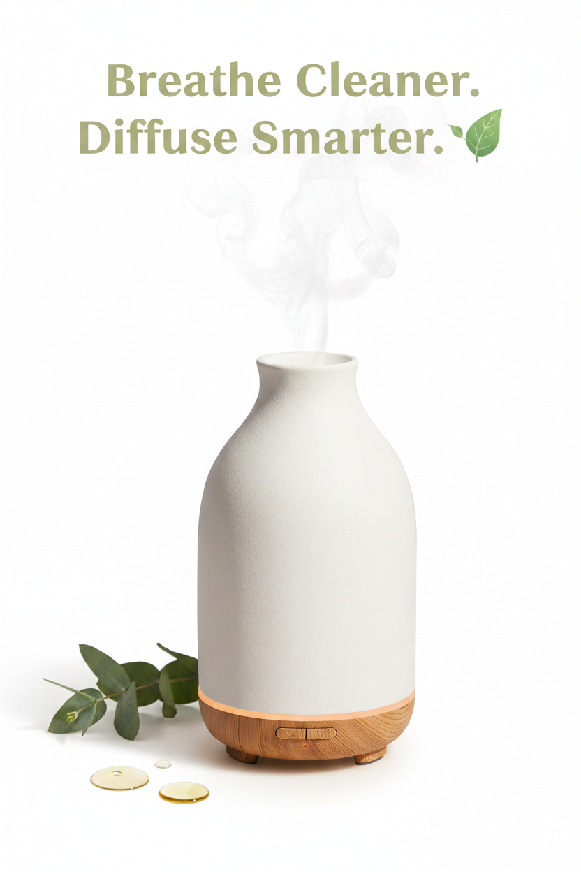 InnoGear ceramic diffuser with eucalyptus sprigs on white background — non-toxic aromatherapy diffuser