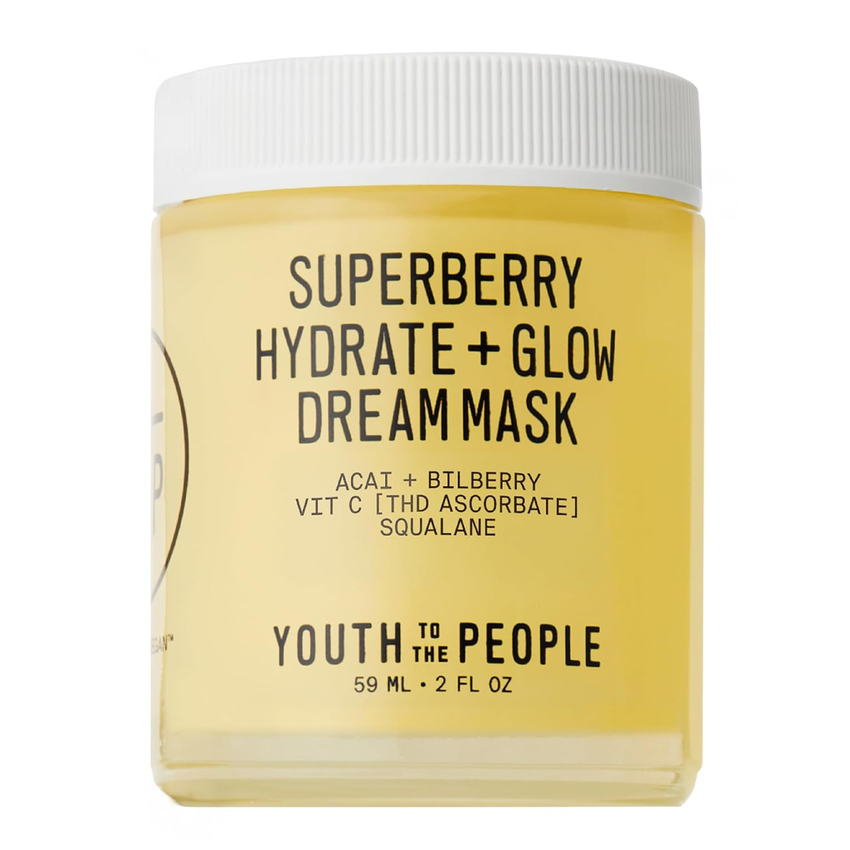 Youth To The People Superberry Hydrate + Glow Dream Mask clear jar with yellow formula and white lid on white background — Vitamin C overnight mask at BodyWell1