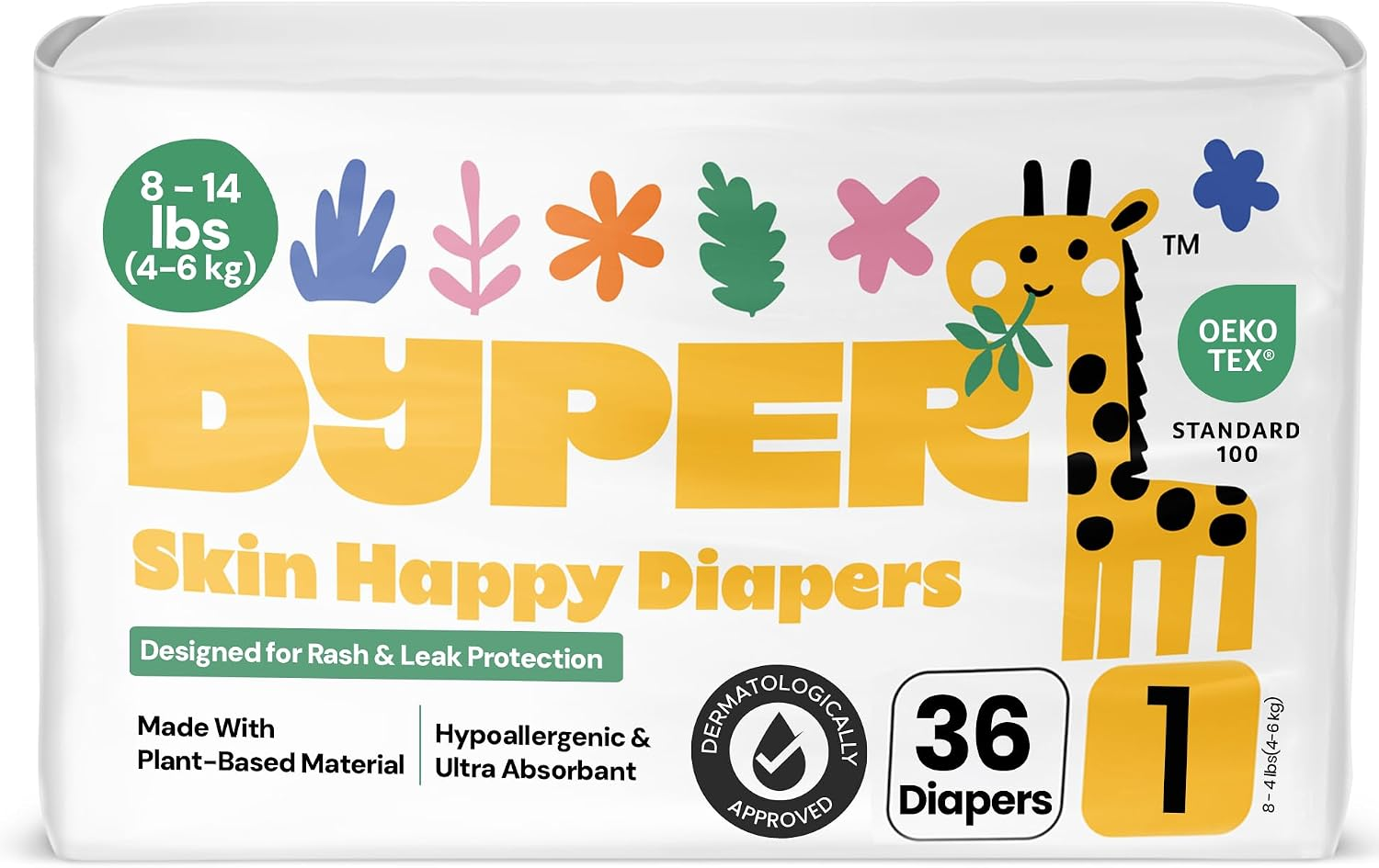 DYPER Skin Happy Baby Diapers Size 1 for 8-14 lbs — plant-based hypoallergenic diapers with OEKO-TEX certification, 36 count, designed for rash and leak protection