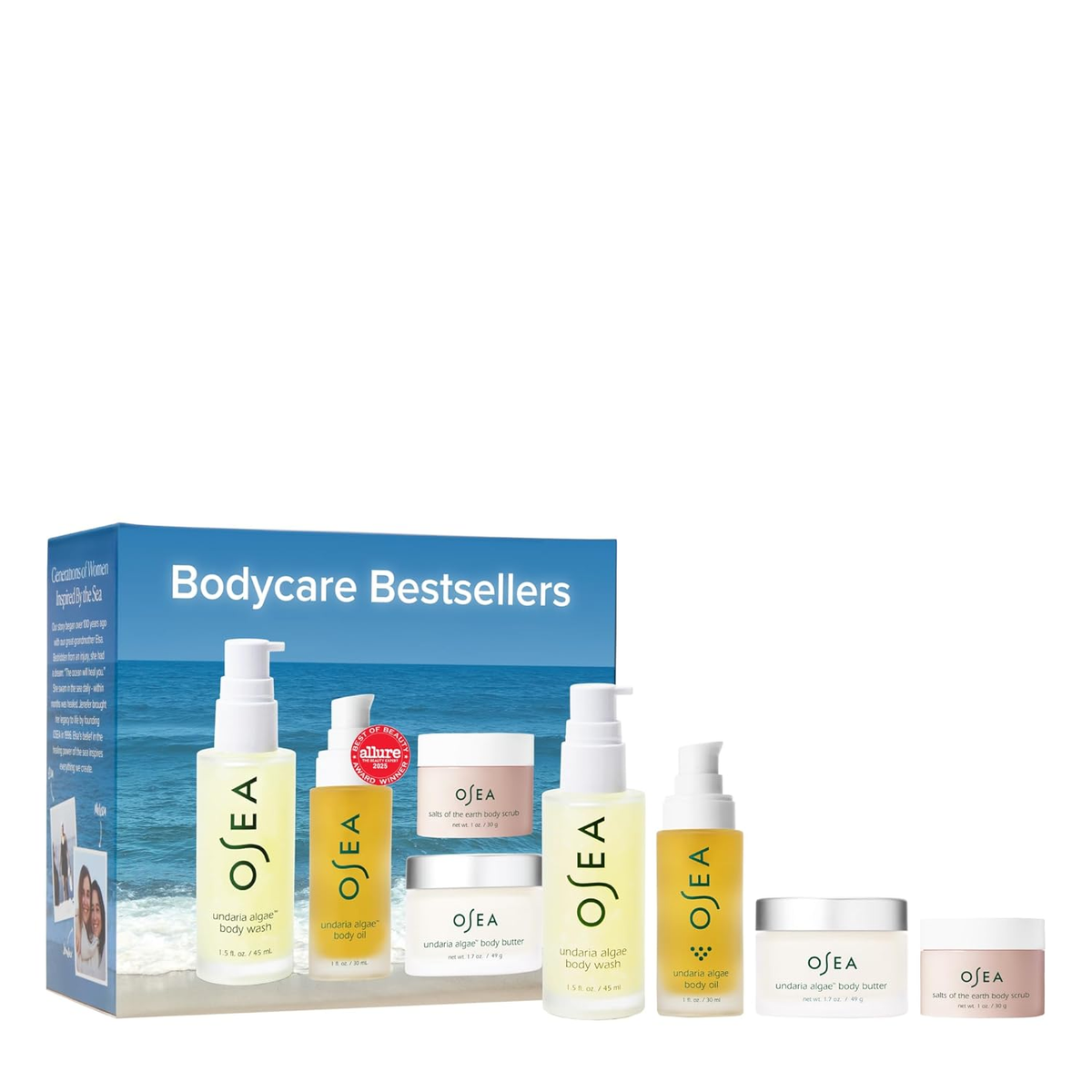 OSEA Bodycare Bestsellers 4-Piece Travel Set with Undaria Algae Body Wash, Body Oil, Body Butter and Salts of the Earth Body Scrub with blue ocean gift box — BodyWell1