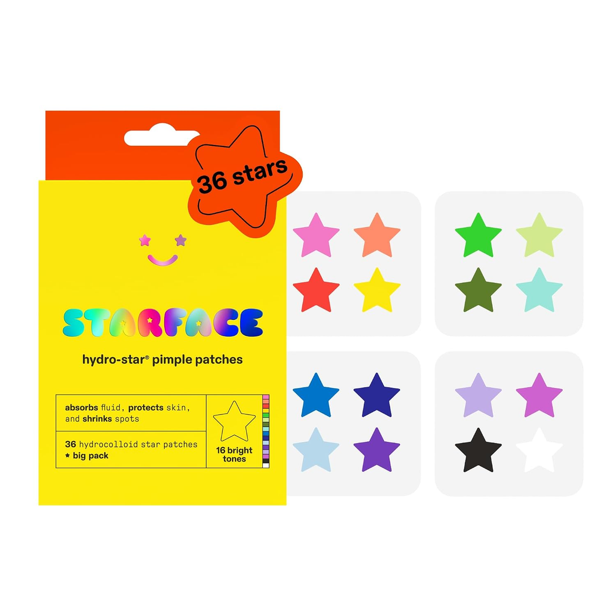 Starface Hydro-Star Play Pack hydrocolloid star-shaped pimple patches 36 count in 16 bright colors — BodyWell1