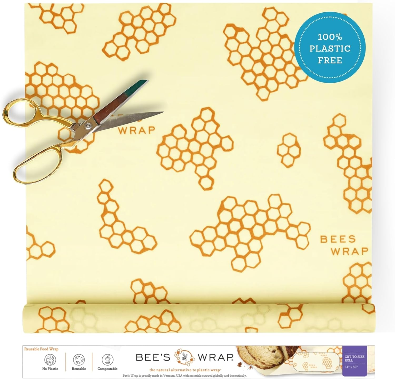 Bee's Wrap beeswax food wrap roll 14x52 inch honeycomb print cut-to-size 100% plastic-free made in USA on white background