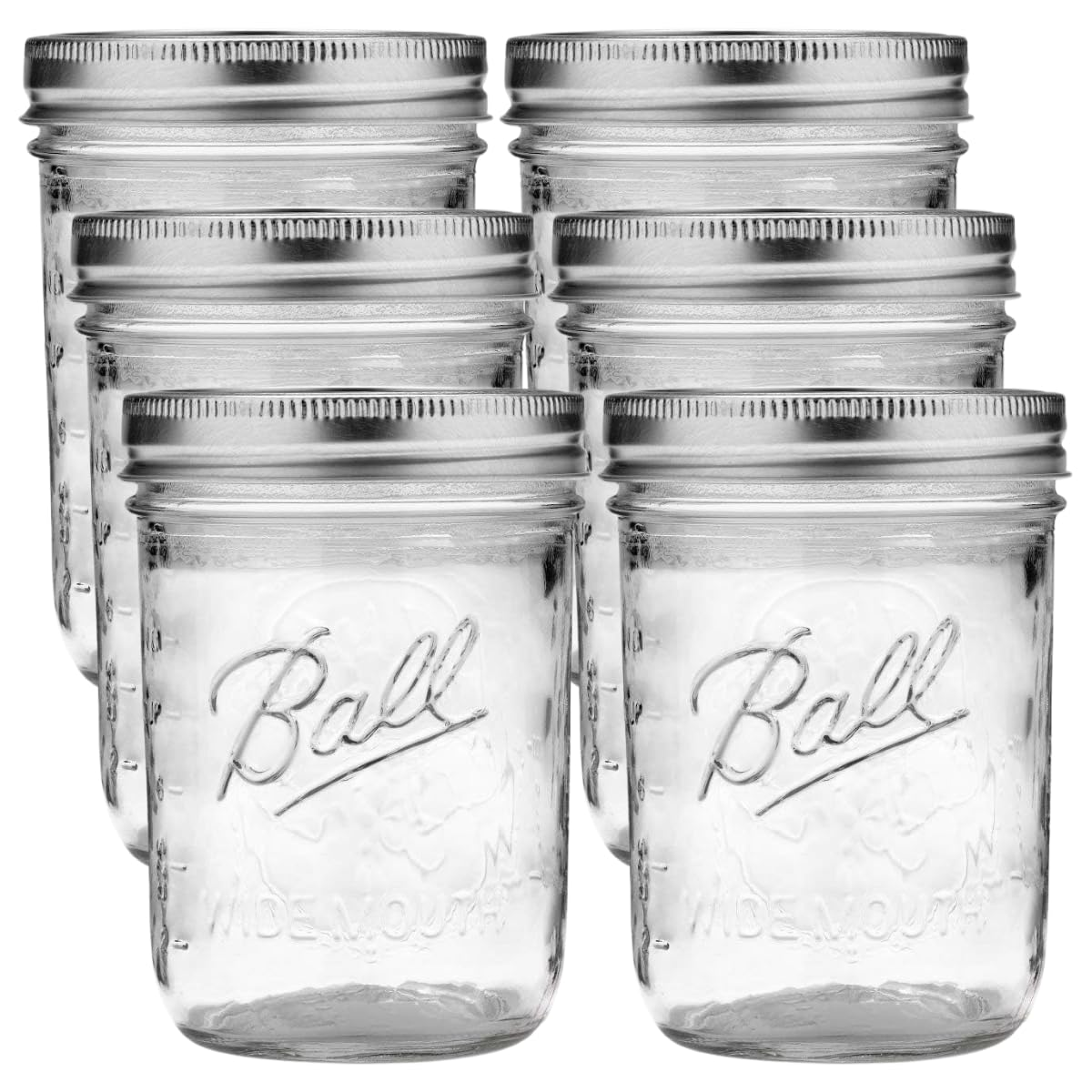 Ball wide mouth glass mason jars 16oz 6-pack with silver lids and bands on white background