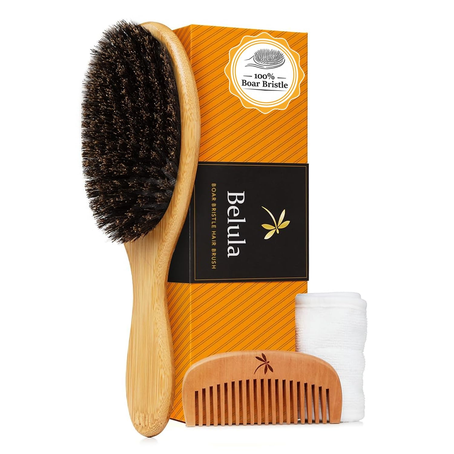 Belula 100% Boar Bristle Hair Brush Set — bamboo handle brush with wooden comb, travel bag, and spa headband on white background