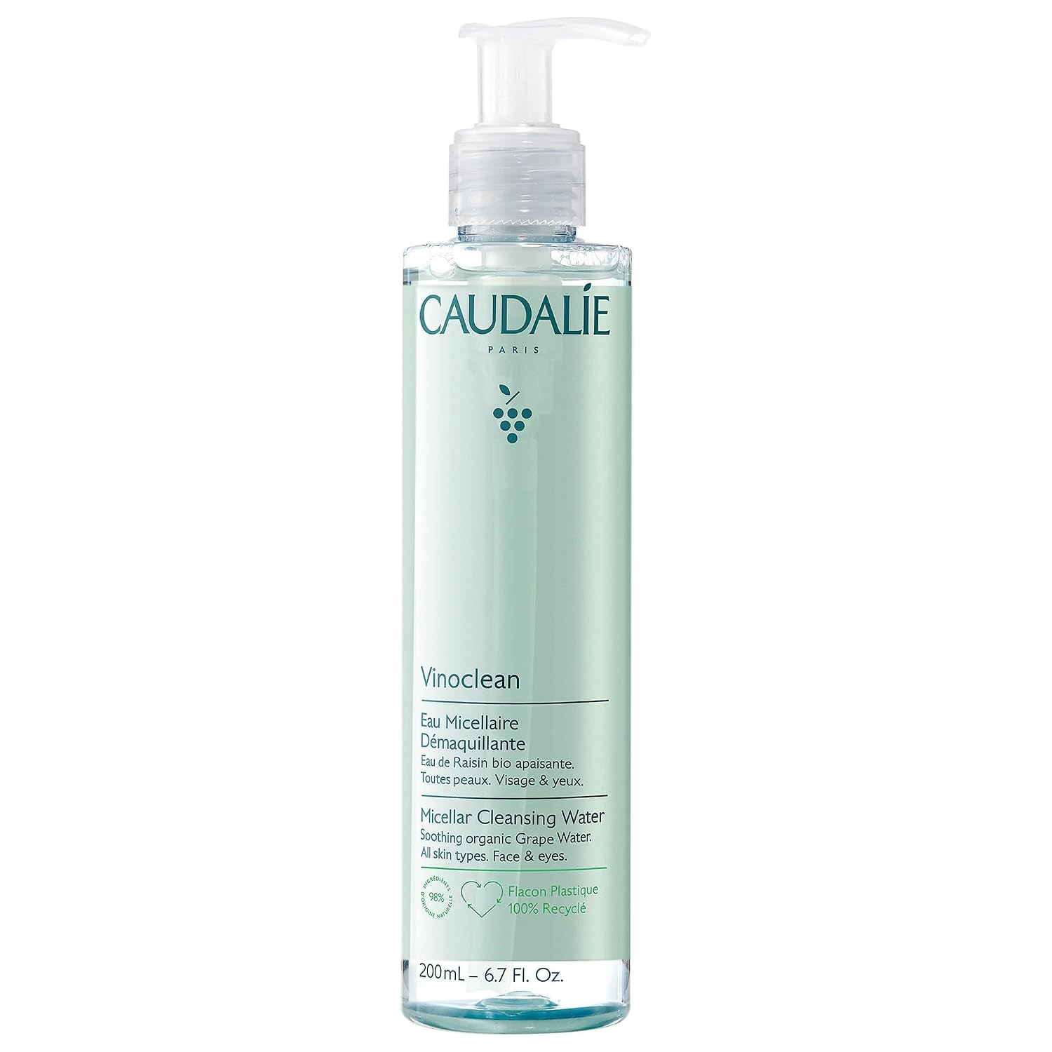 Caudalie Vinoclean Micellar Cleansing Water 200mL green pump bottle on white background — clean luxury makeup remover by BodyWell1