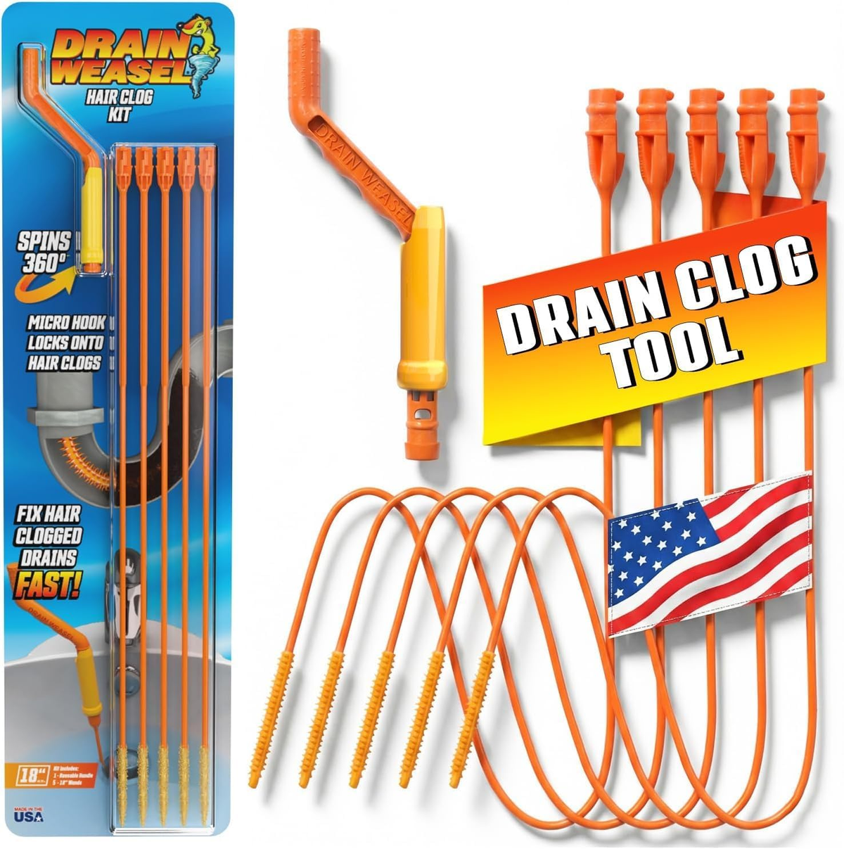 FlexiSnake Drain Weasel hair clog remover kit with reusable handle and five orange micro-hook wands