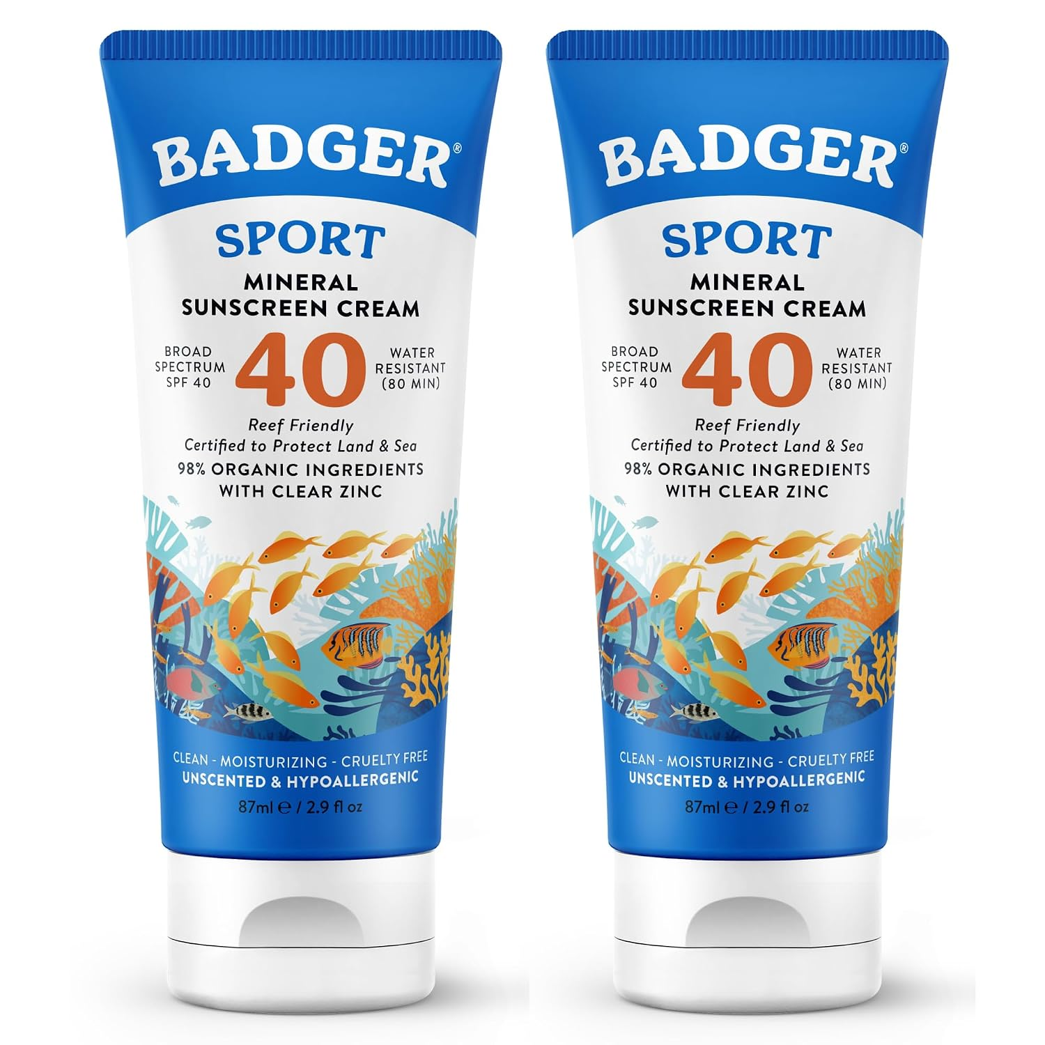 Badger Sport Mineral Sunscreen SPF 40 reef-safe 2-pack tubes with clear zinc oxide, 98% organic ingredients, water resistant 80 minutes, unscented and hypoallergenic