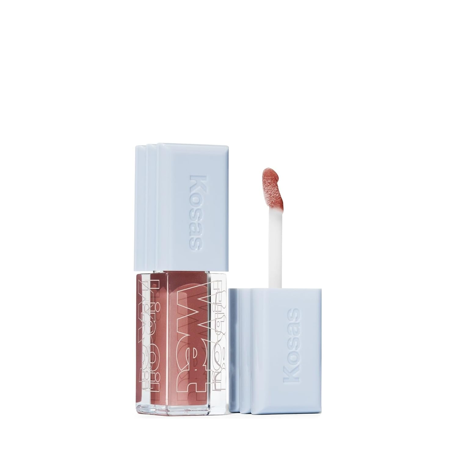Kosas Wet Lip Oil Gloss in Unbuttoned sheer nude-pink with periwinkle blue cap open showing applicator wand on white background