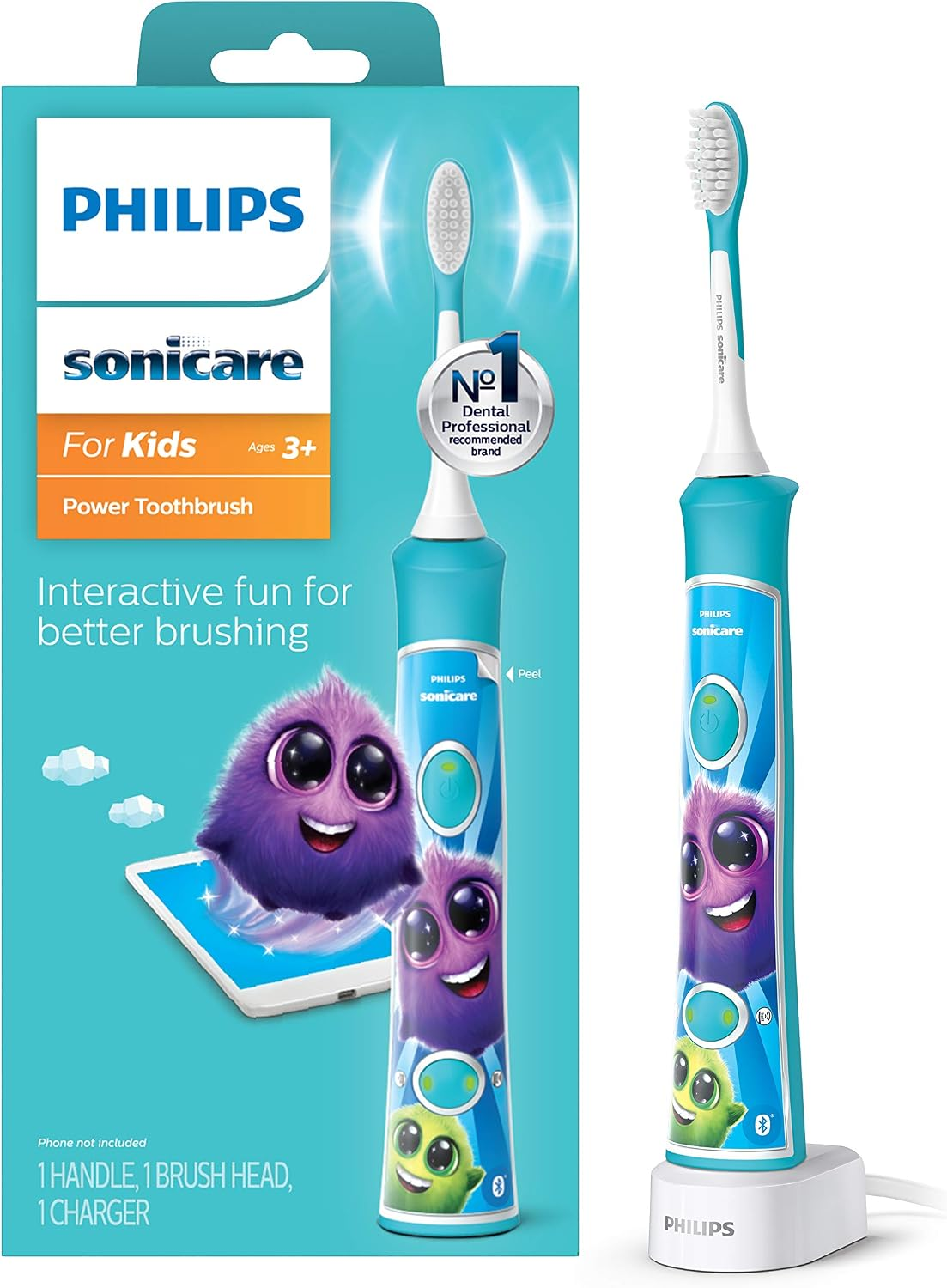 Philips Sonicare for Kids turquoise Bluetooth electric toothbrush with box and charger on white background