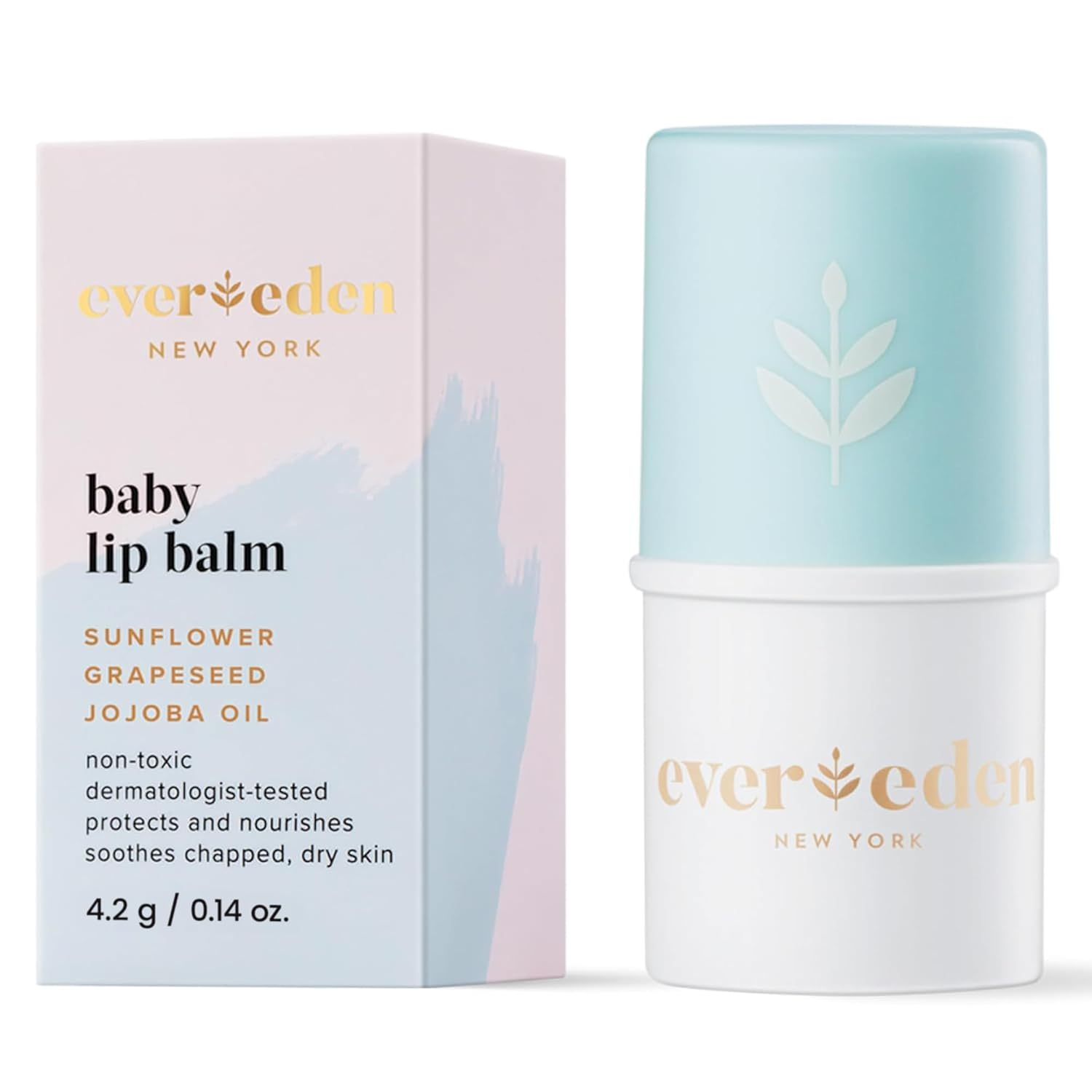 Evereden Baby Lip Balm 0.14 oz with box — non-toxic, fragrance free, dermatologist-tested clean baby lip care with sunflower, grapeseed, and jojoba oil in soft blue and white packaging