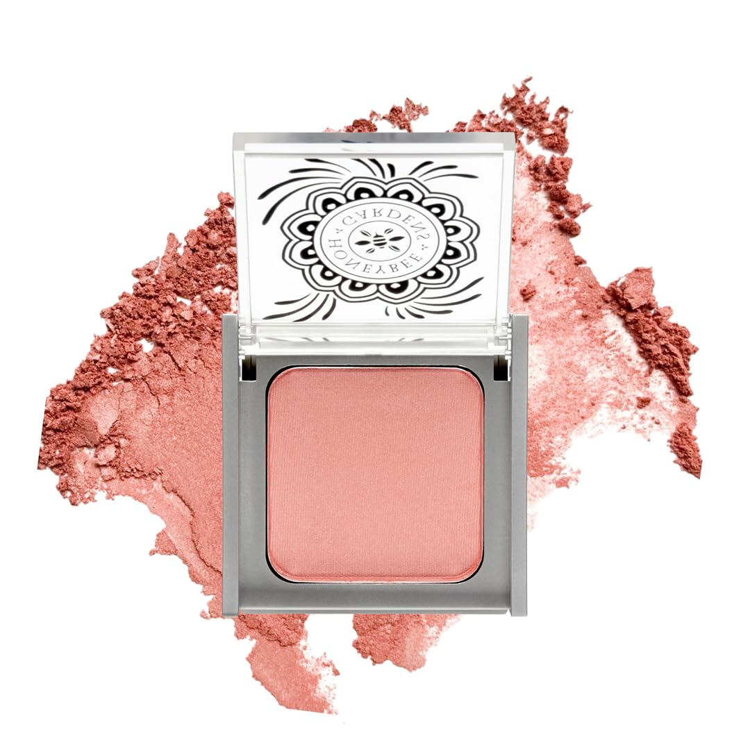 Honeybee Gardens Complexion Perfecting Blush in Rendezvous soft rose powder blush compact open with swatch on white background