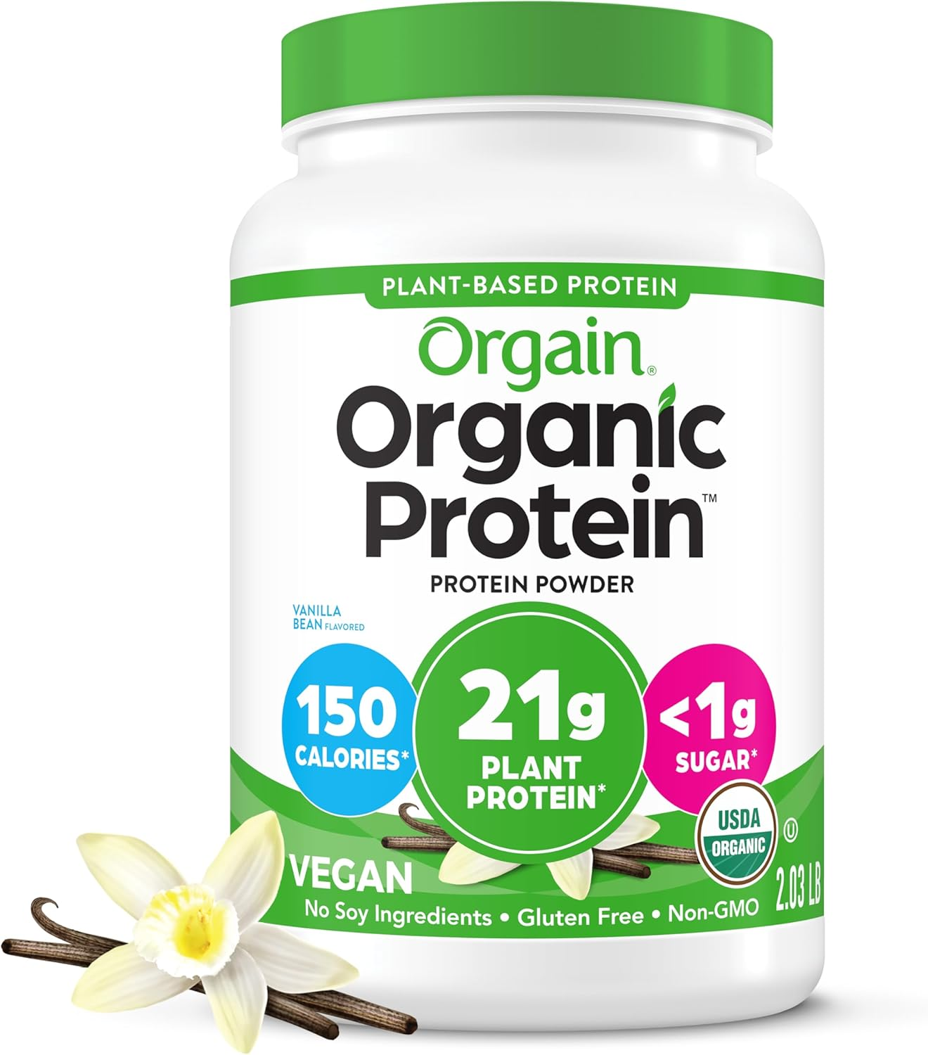 Orgain Organic Protein Powder Vanilla Bean 2.03lb white tub with green lid showing 21g plant protein 150 calories less than 1g sugar USDA Organic vegan gluten free non-GMO