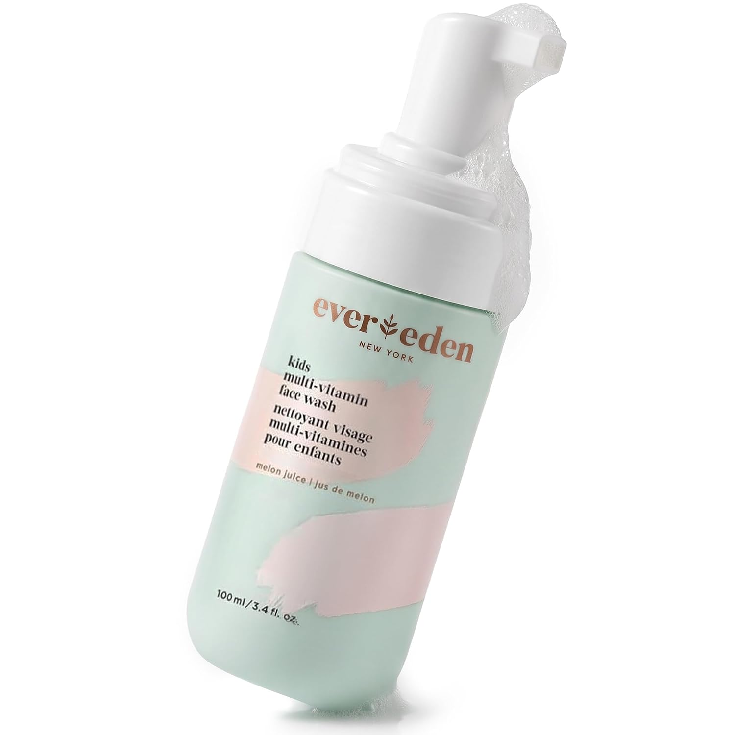 Evereden Kids Multi-Vitamin Face Wash melon scent foam pump bottle on white background — EWG Verified, dermatologist-tested, vegan kids face wash