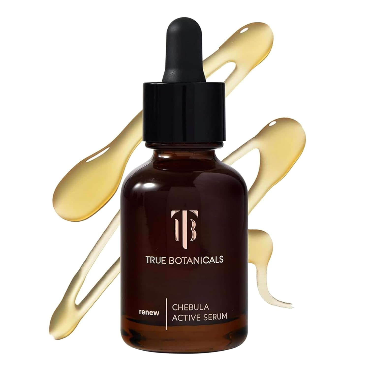 True Botanicals Chebula Active Serum amber dropper bottle with golden serum swatch on white background