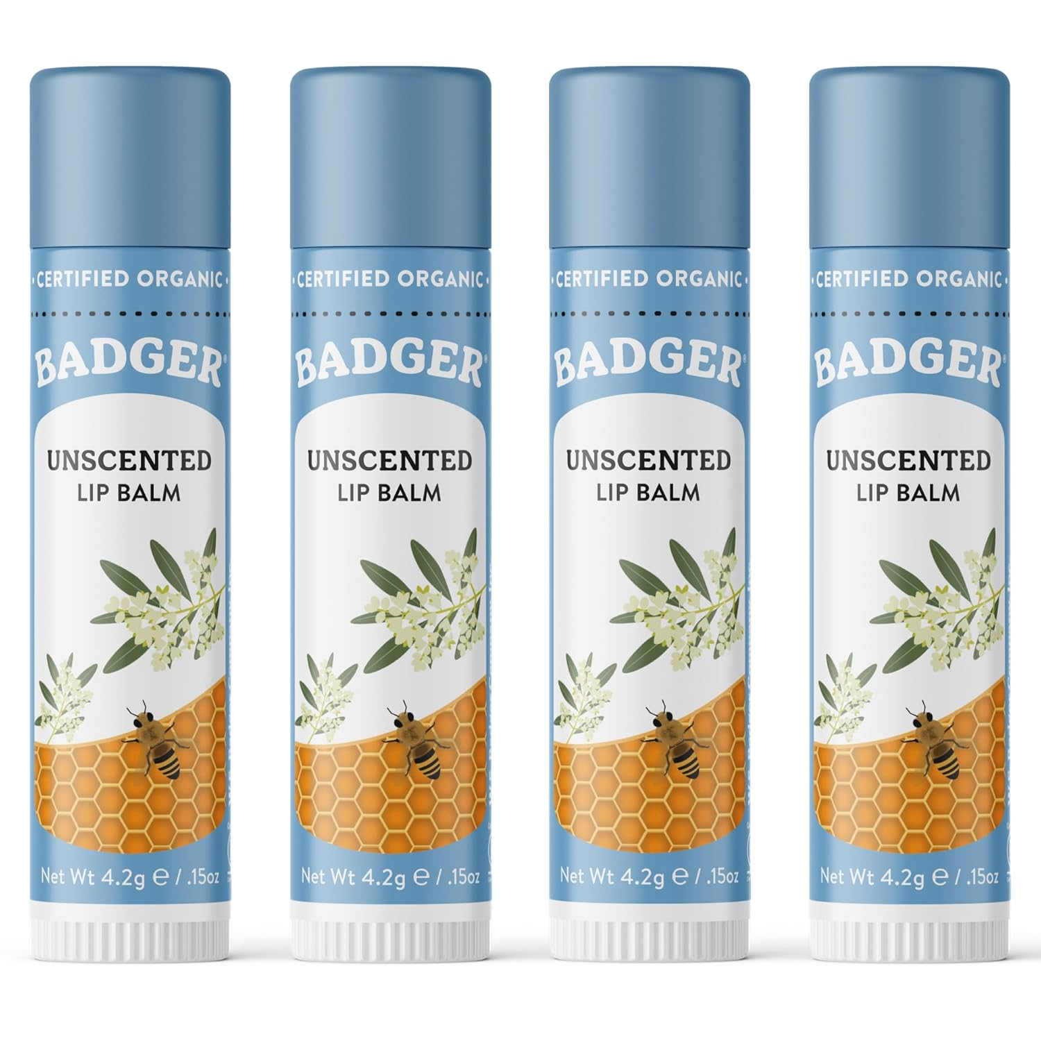 Badger Unscented Classic Lip Balm 4-pack — 100% certified organic, fragrance-free lip moisturizer with light silky texture for sensitive lips