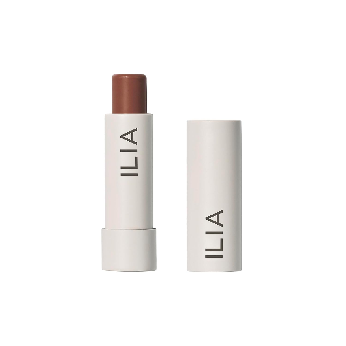 ILIA Balmy Tint lip balm in Faded with a cocoa brown balm, white tube and matching cap on a white background.