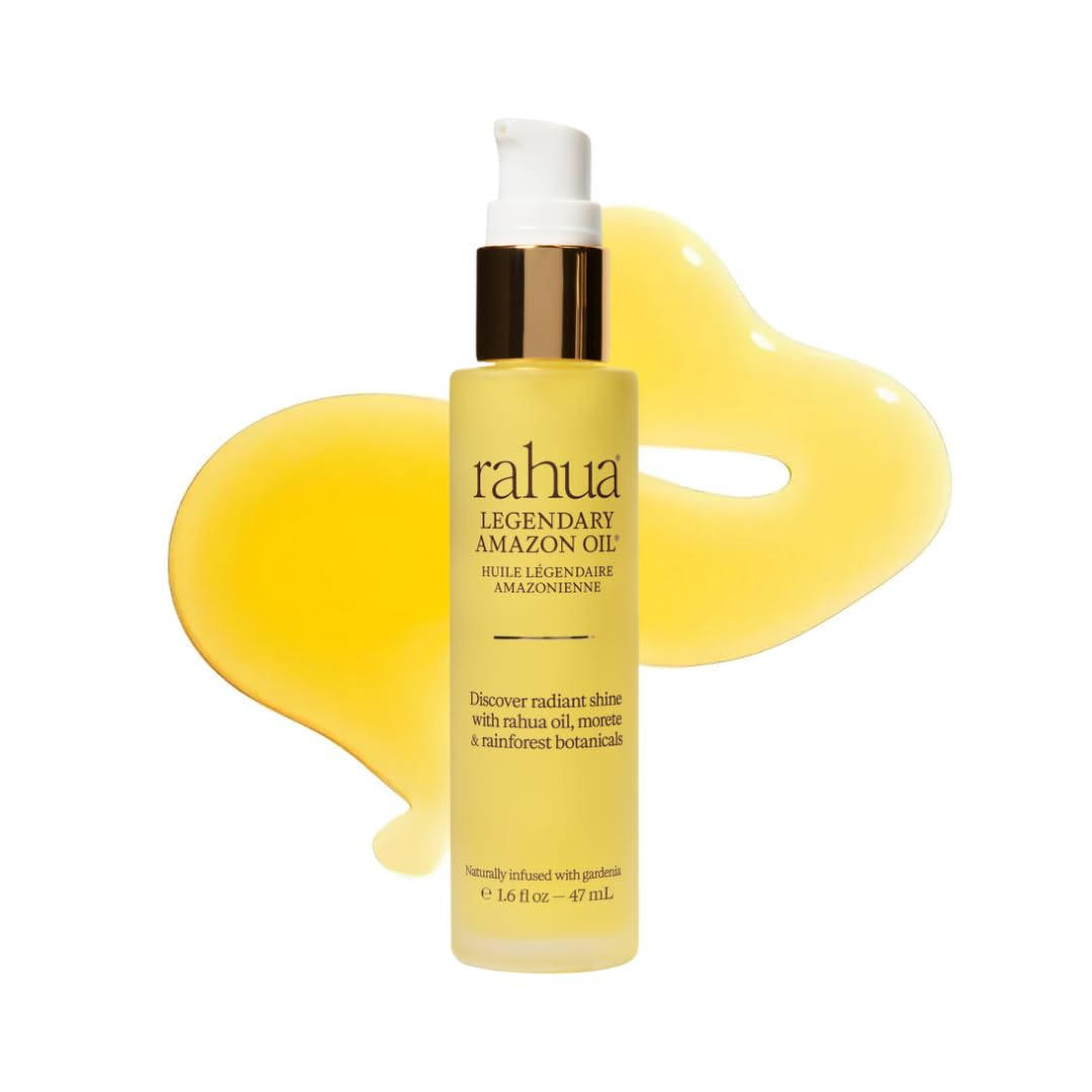 Rahua Legendary Amazon Hair Oil in a clear yellow glass bottle with gold pump cap, surrounded by a golden oil swatch on white background