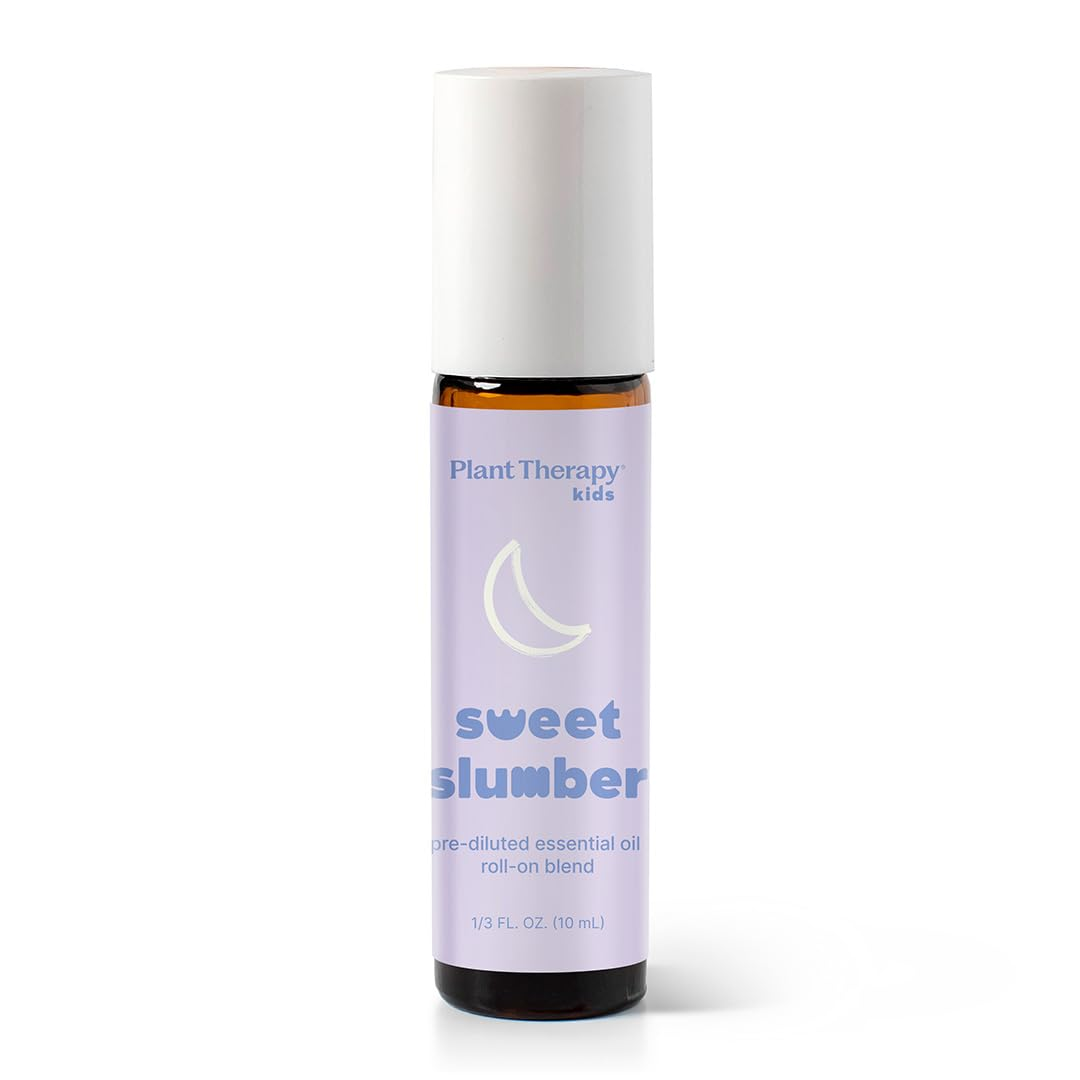 Plant Therapy Kids Sweet Slumber Pre-Diluted Essential Oil Roll-On Blend, 10 mL, KidSafe, lavender label with moon graphic on amber glass bottle with white cap