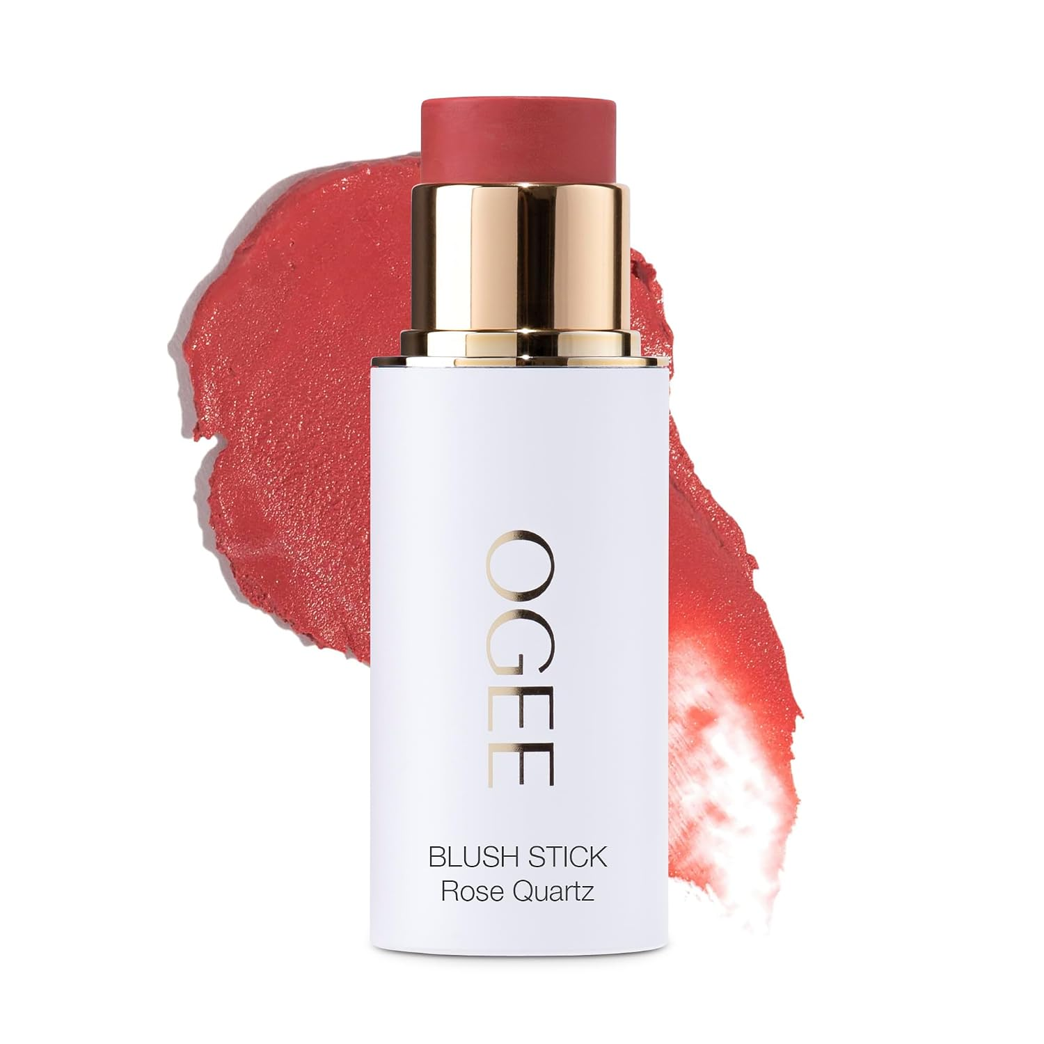 Ogee Sculpted Face Stick in Rose Quartz shade, white tube with gold cap, shown with a rich rose berry cream swatch on white background