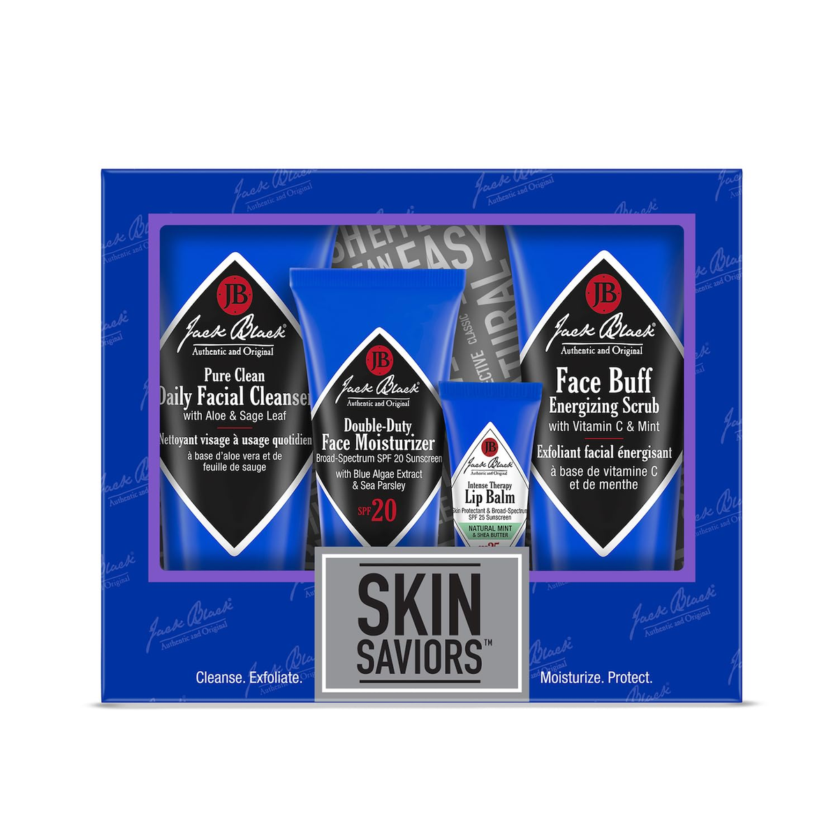 Jack Black Skin Saviors Men's Skincare Gift Set with Pure Clean Daily Facial Cleanser, Face Buff Energizing Scrub, Double-Duty Face Moisturizer SPF 20 and Intense Therapy Lip Balm in blue gift box — BodyWell1