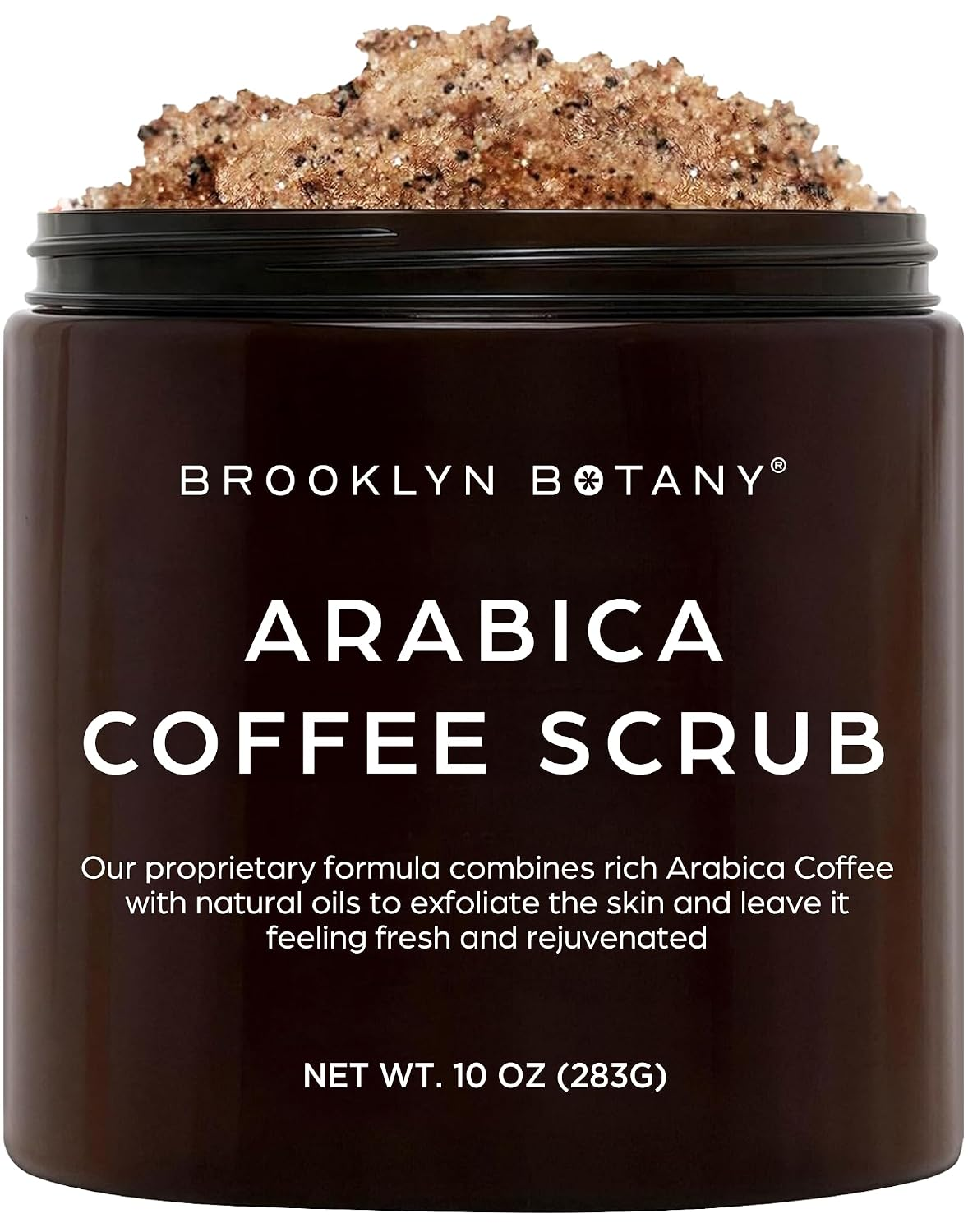 Brooklyn Botany Arabica Coffee Scrub 10 oz brown jar with exposed scrub on a white background