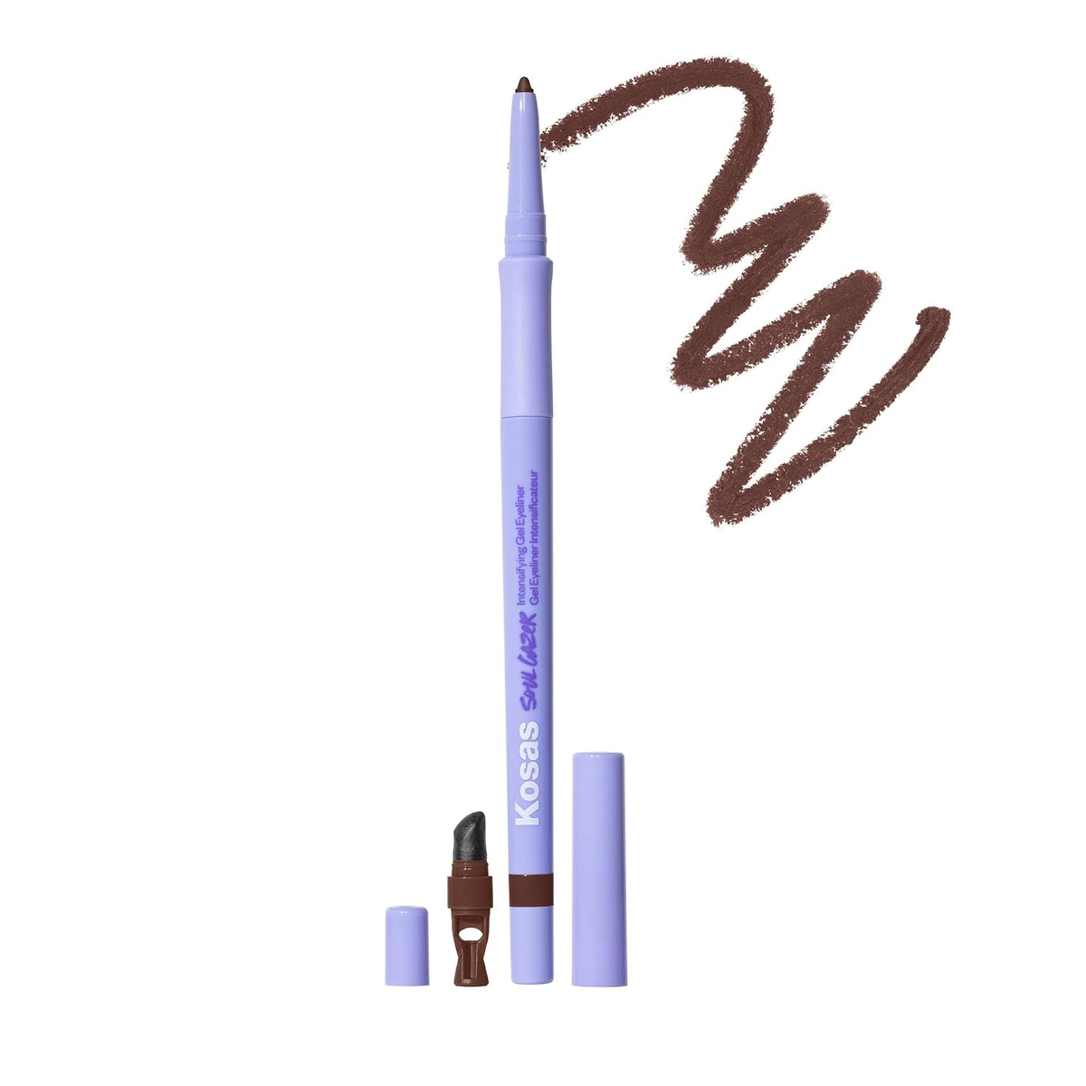 Lavender Kosas Soulgazer eyeliner pencil with brown color swatch, caps and built-in tools on a white background.