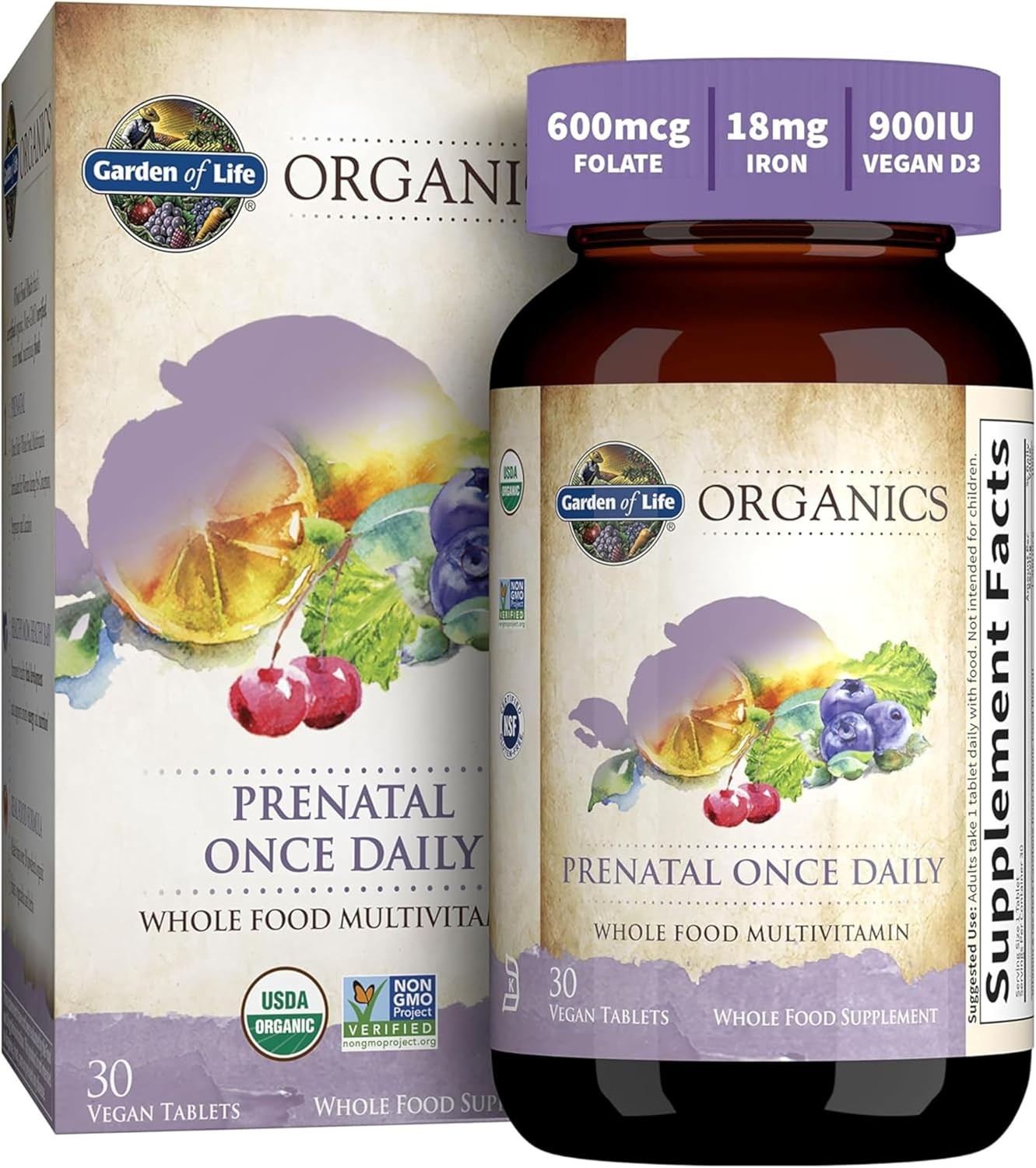 "Garden of Life Organics Prenatal Once Daily Whole Food Multivitamin bottle and box, 30 vegan tablets, USDA Organic and Non-GMO Project Verified"