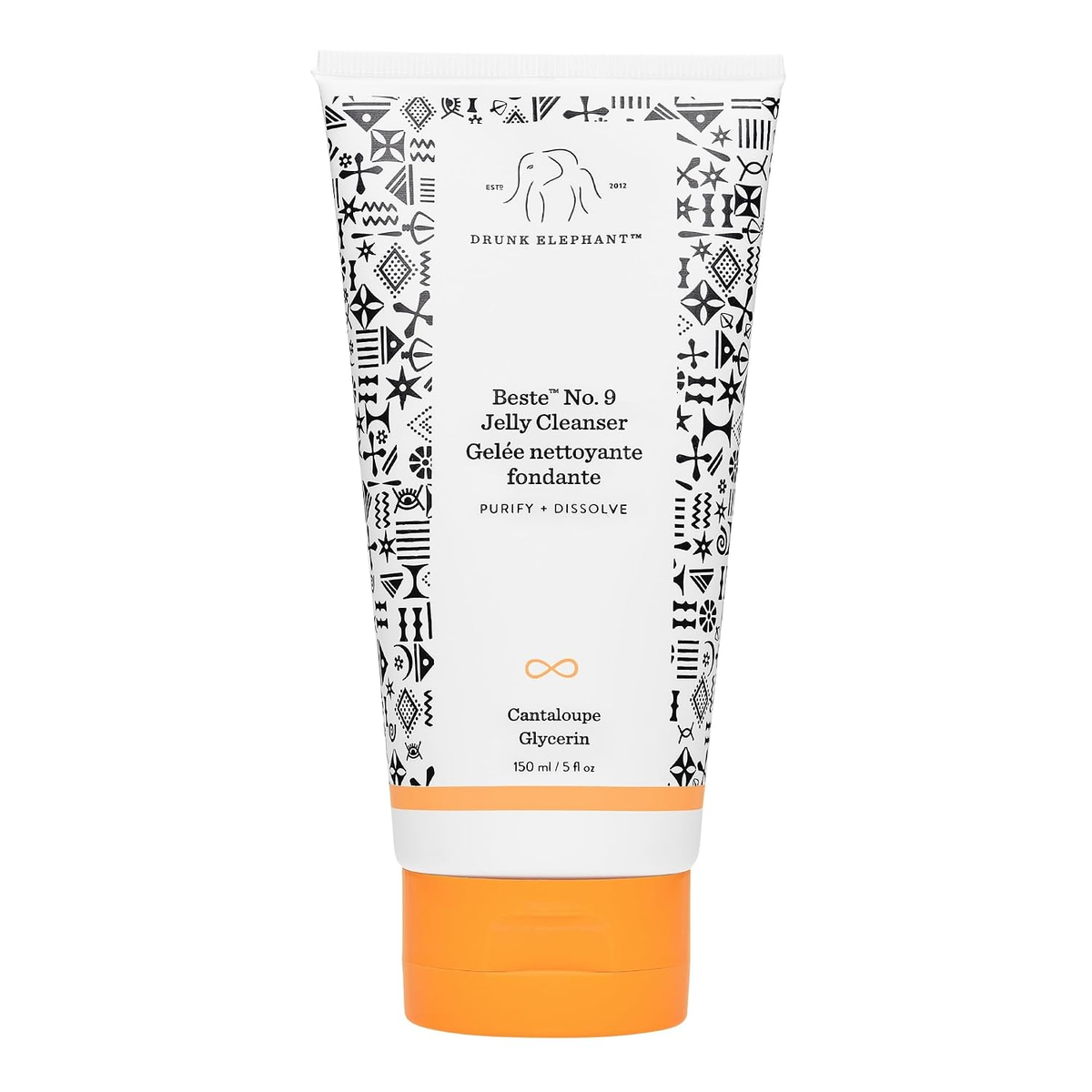 Drunk Elephant Beste No. 9 Jelly Cleanser full size 150ml tube with orange cap and black and white patterned packaging — BodyWell1