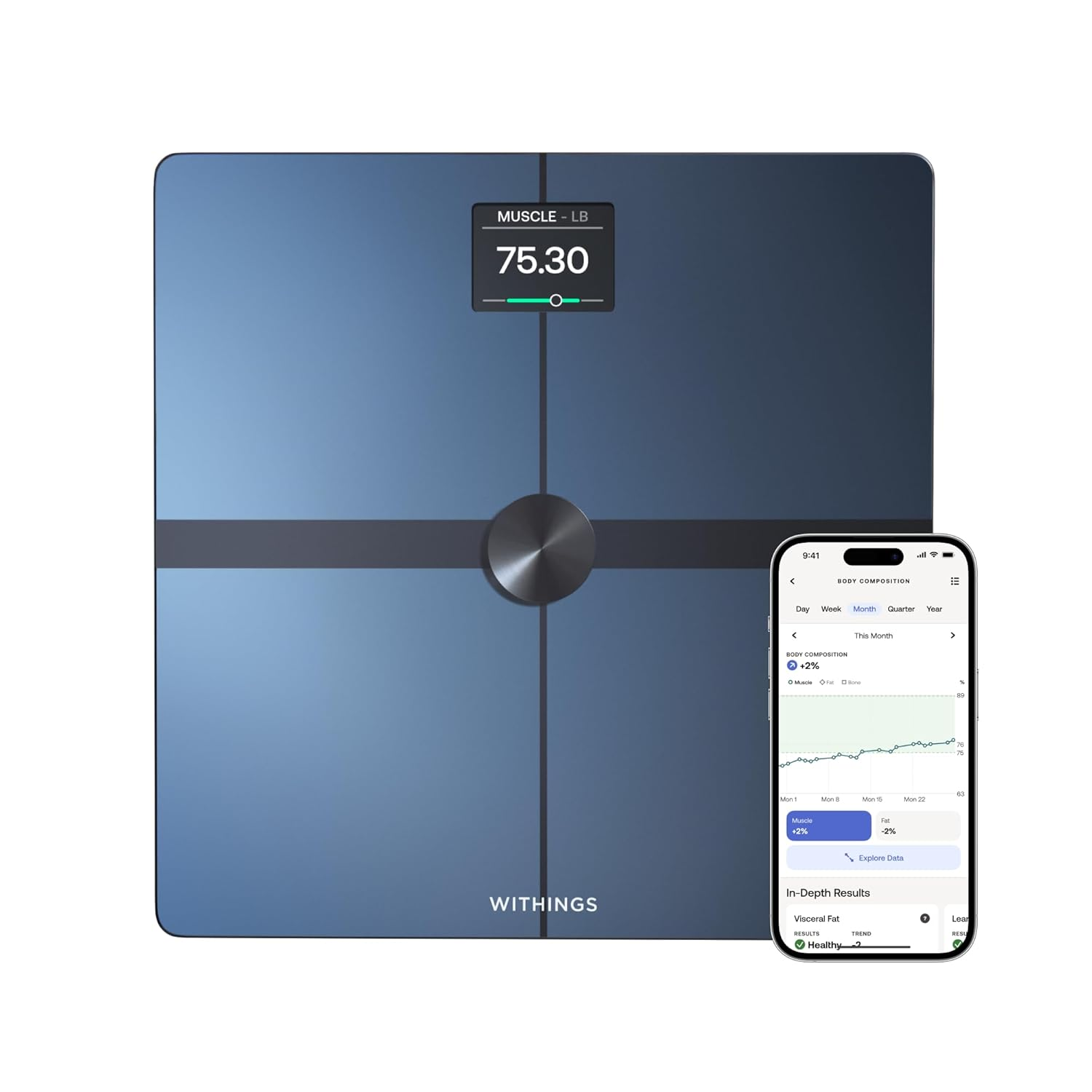Withings Body Smart scale showing muscle mass display with smartphone health app on white background — Wi-Fi body composition tracker — BodyWell1.com