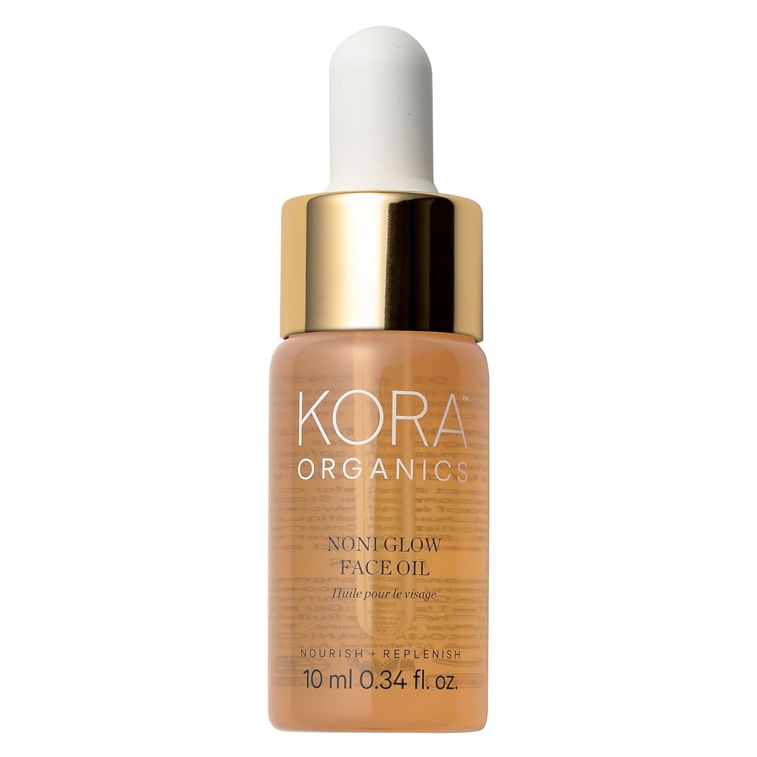 KORA Organics Noni Glow Face Oil in a golden amber glass dropper bottle with gold collar and white dropper cap on white background